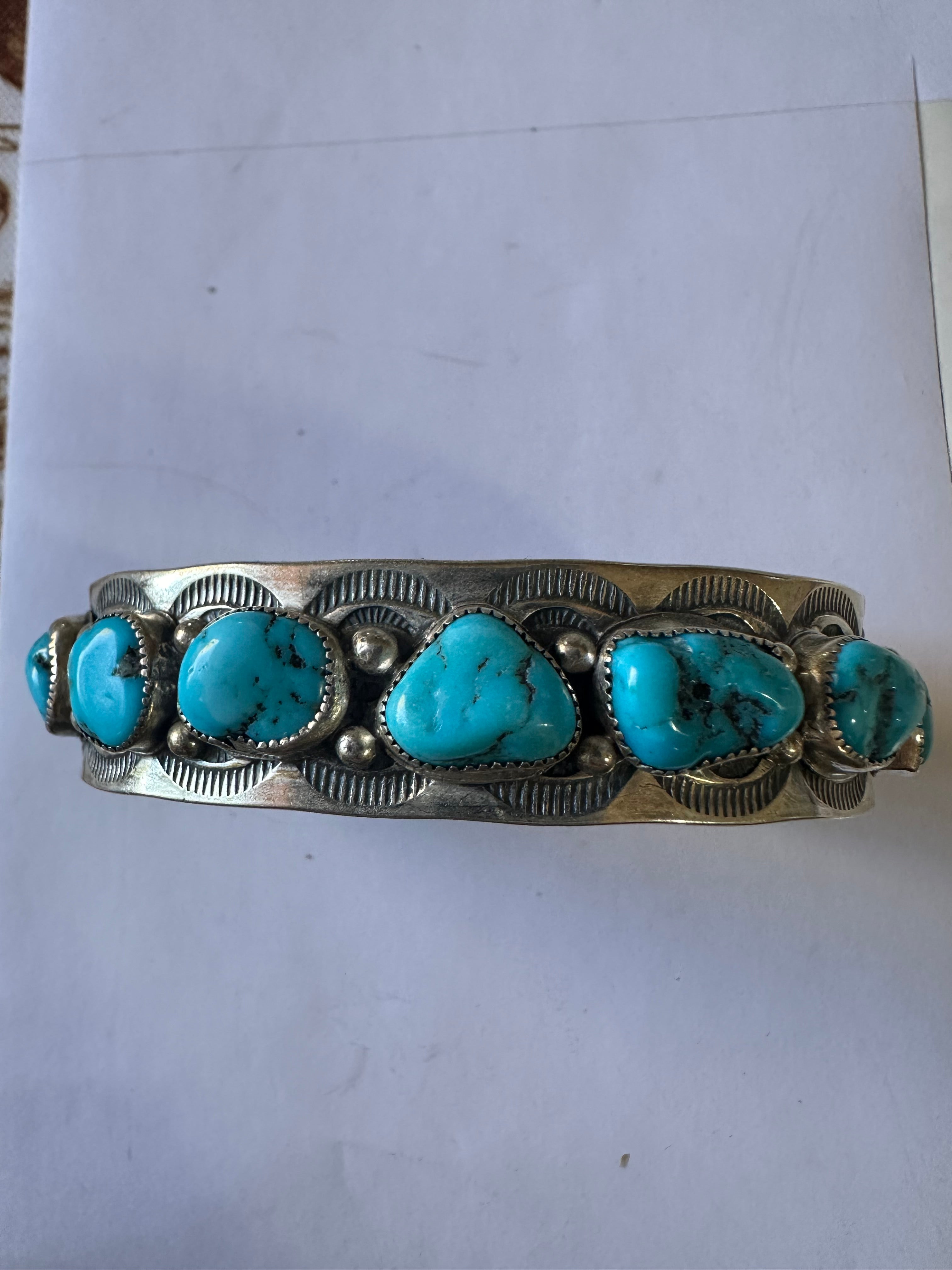 Navajo Turquoise & Sterling Silver Cuff Bracelet Signed B Shorty