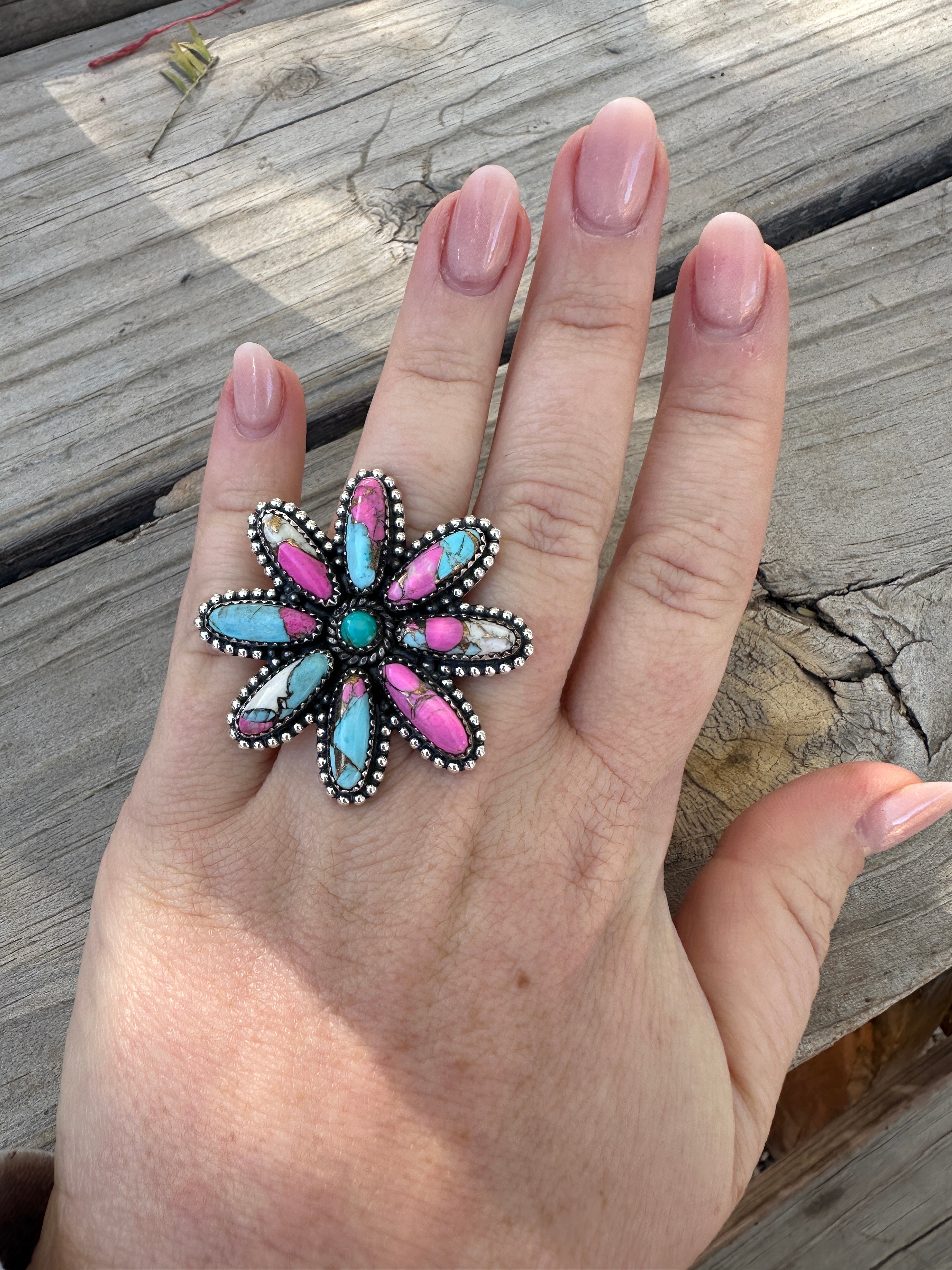 Handmade Cotton Candy Sterling Adjustable Flower Ring