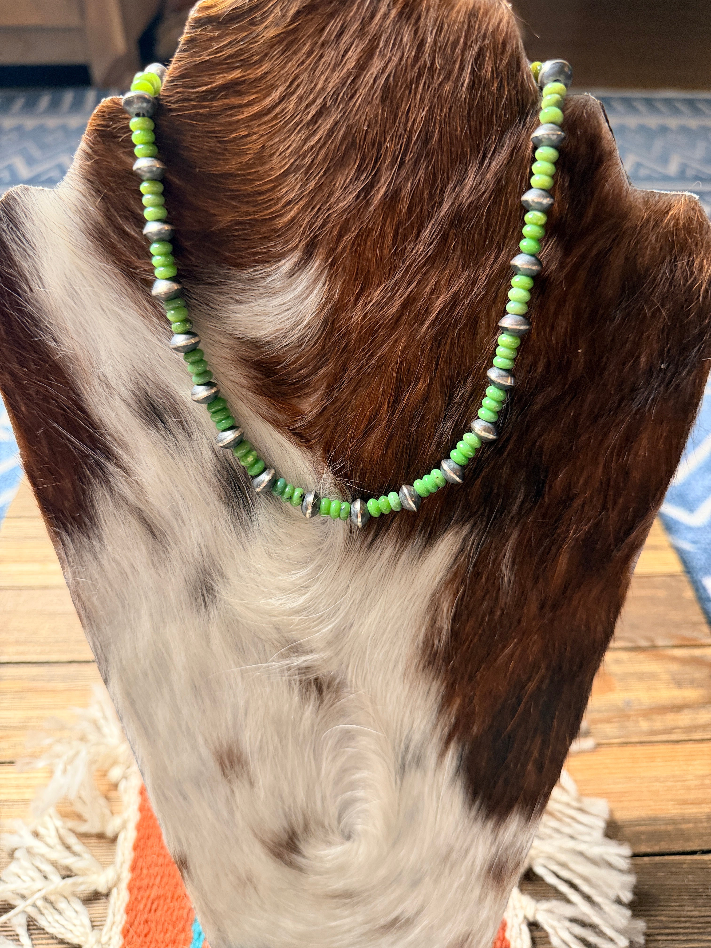 Handcrafted Green Turquoise & Sterling Silver Saucer Beaded 16” Necklace