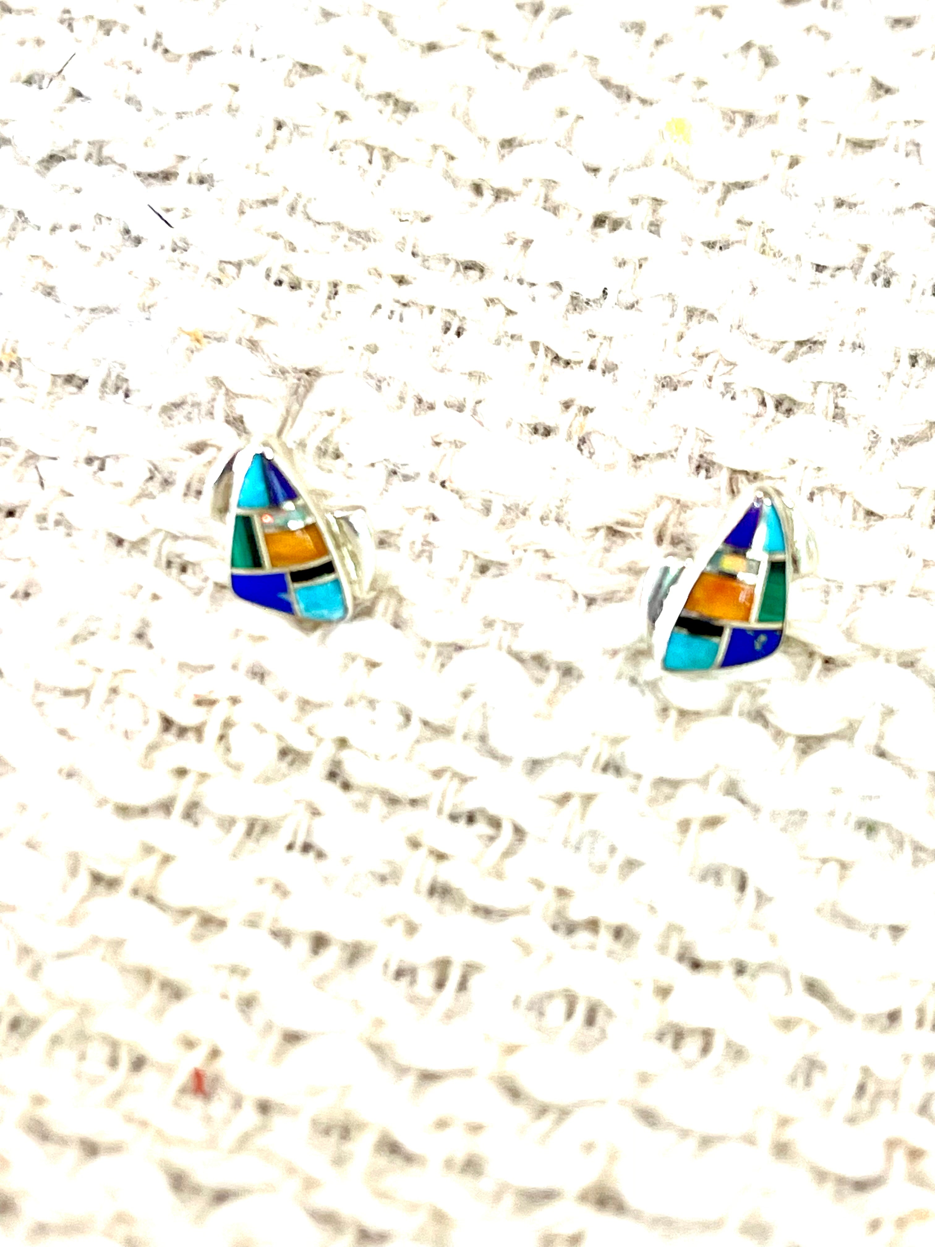 Gorgeous Handmade Sterling Silver & Multi Stone Inlay Stud Earrings