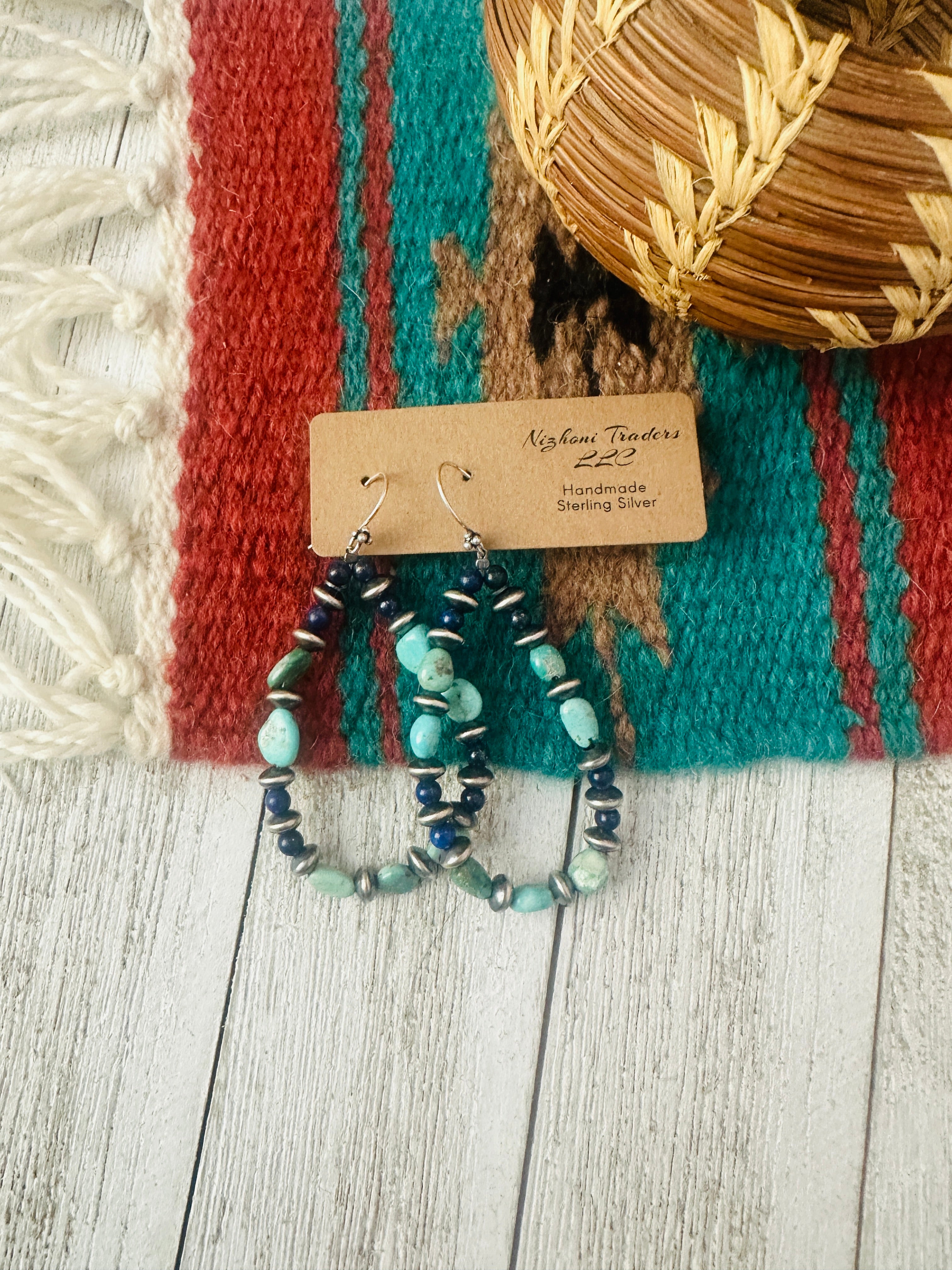 Handmade Turquoise, Lapis Sterling Silver Beaded Hoop Earrings