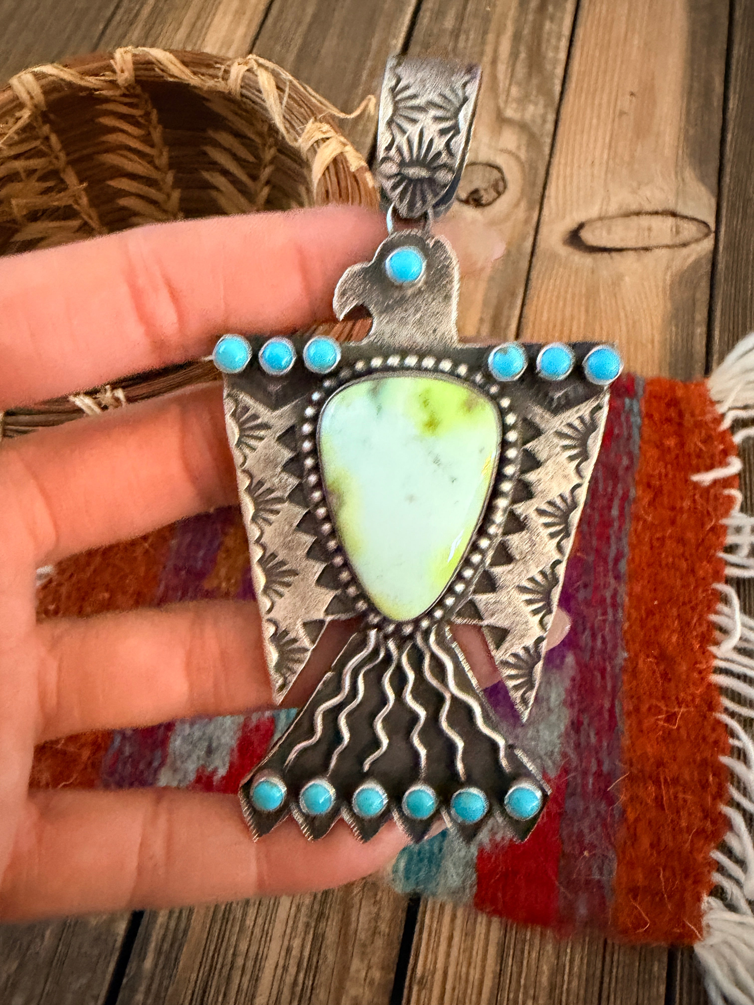 Handcrafted Sterling Silver & Turquoise Thunderbird Pendant by Shawn Cayatineto