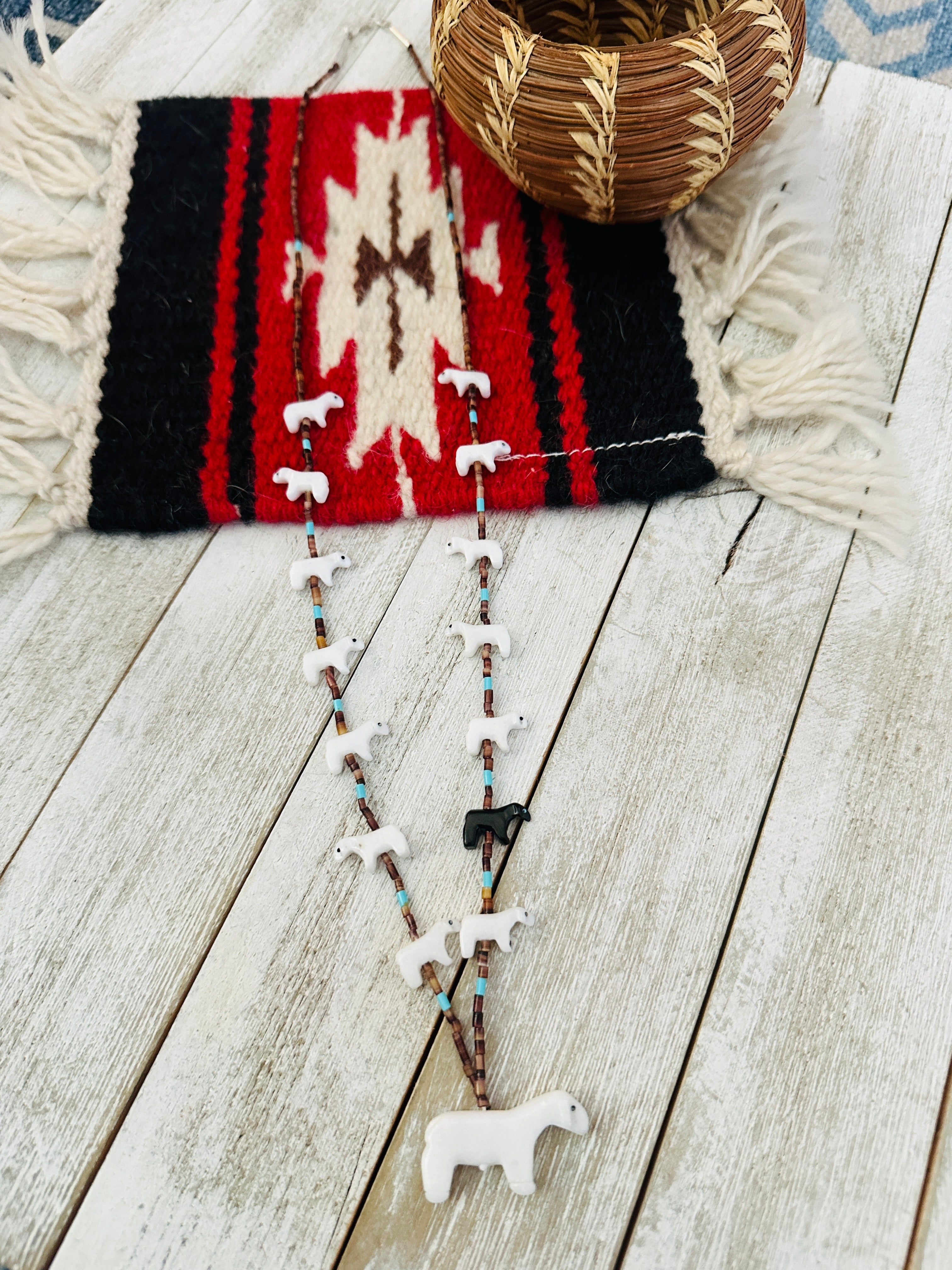 Zuni Multi Stone & Heishi Beaded Bear Fetish Necklace