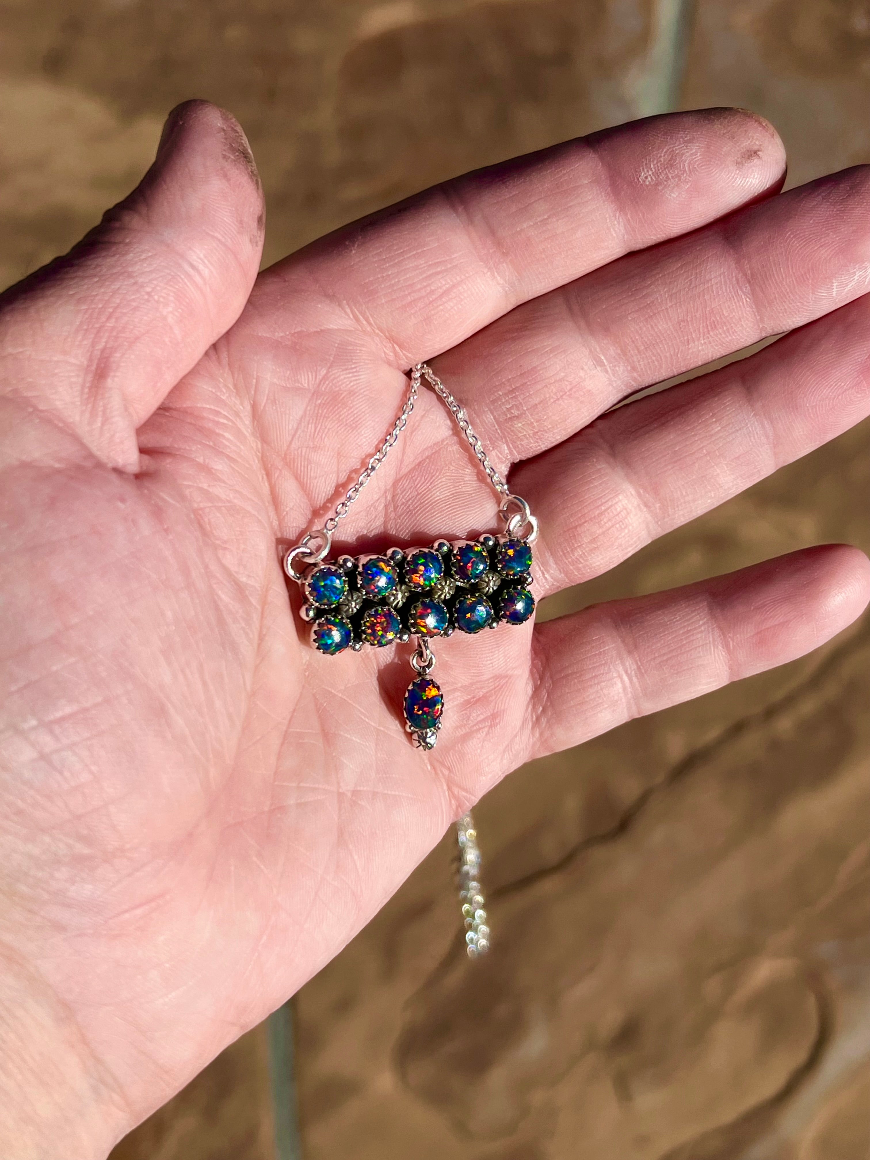 Handmade Sterling Silver & Fire Blue Opal Tear Drop Dangle, Bar Necklace