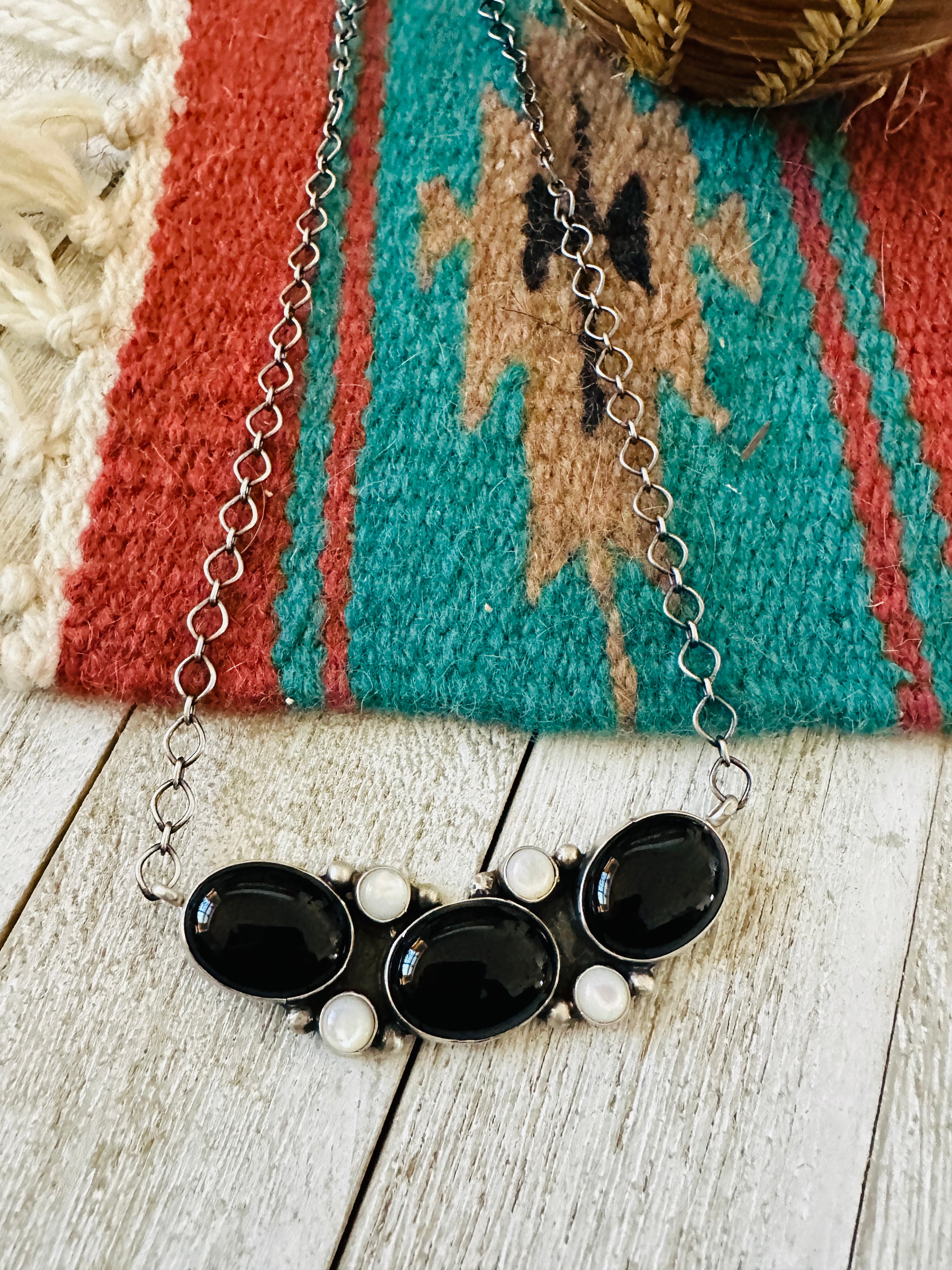 Handcrafted Black Onyx, Mother of Pearl & Sterling Silver Necklace