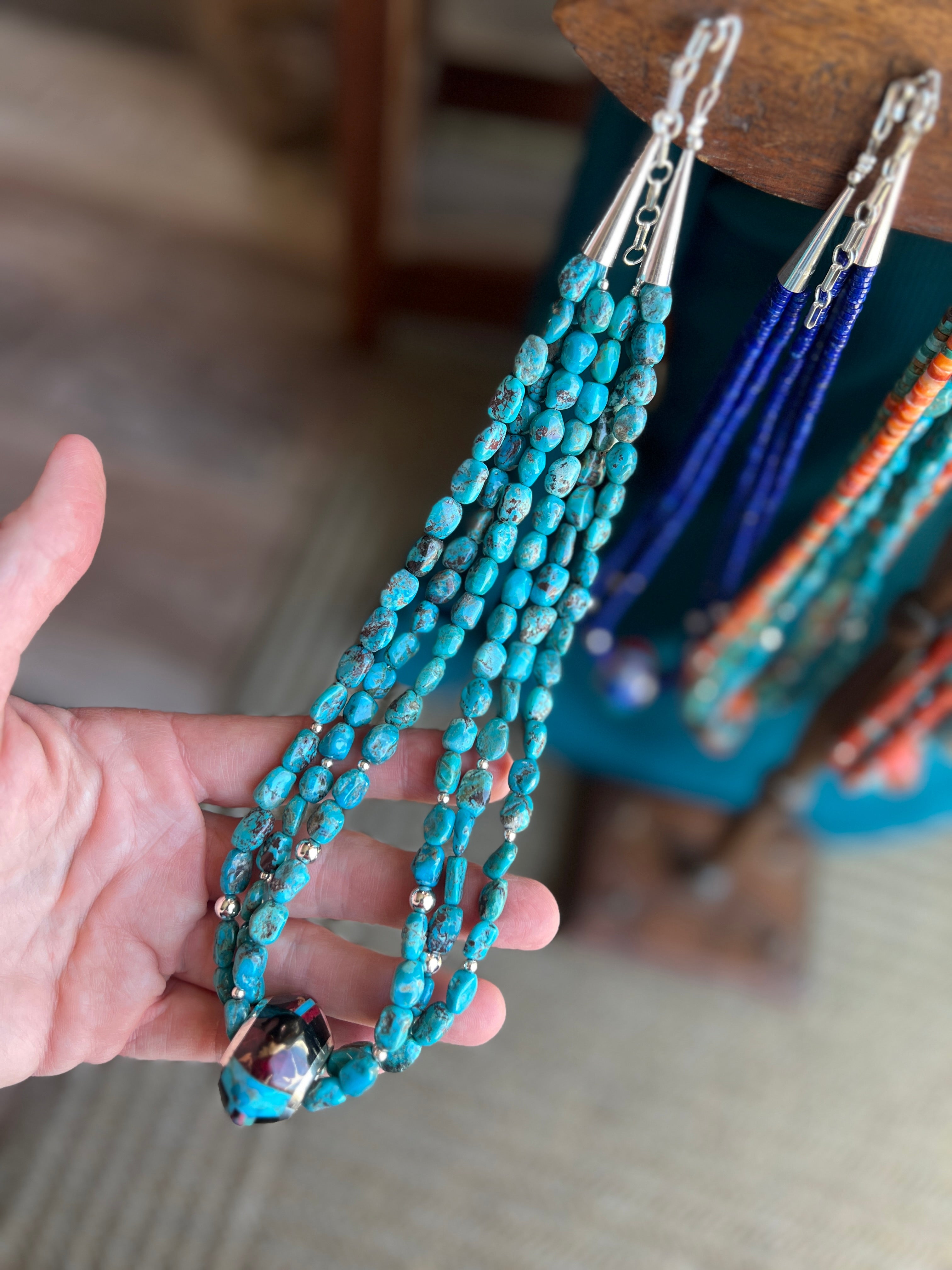 Daniel Coriz Triple Strand Turquoise and Sterling Beaded Necklace w/ Removable Sterling Silver & Stone Inlay Bead