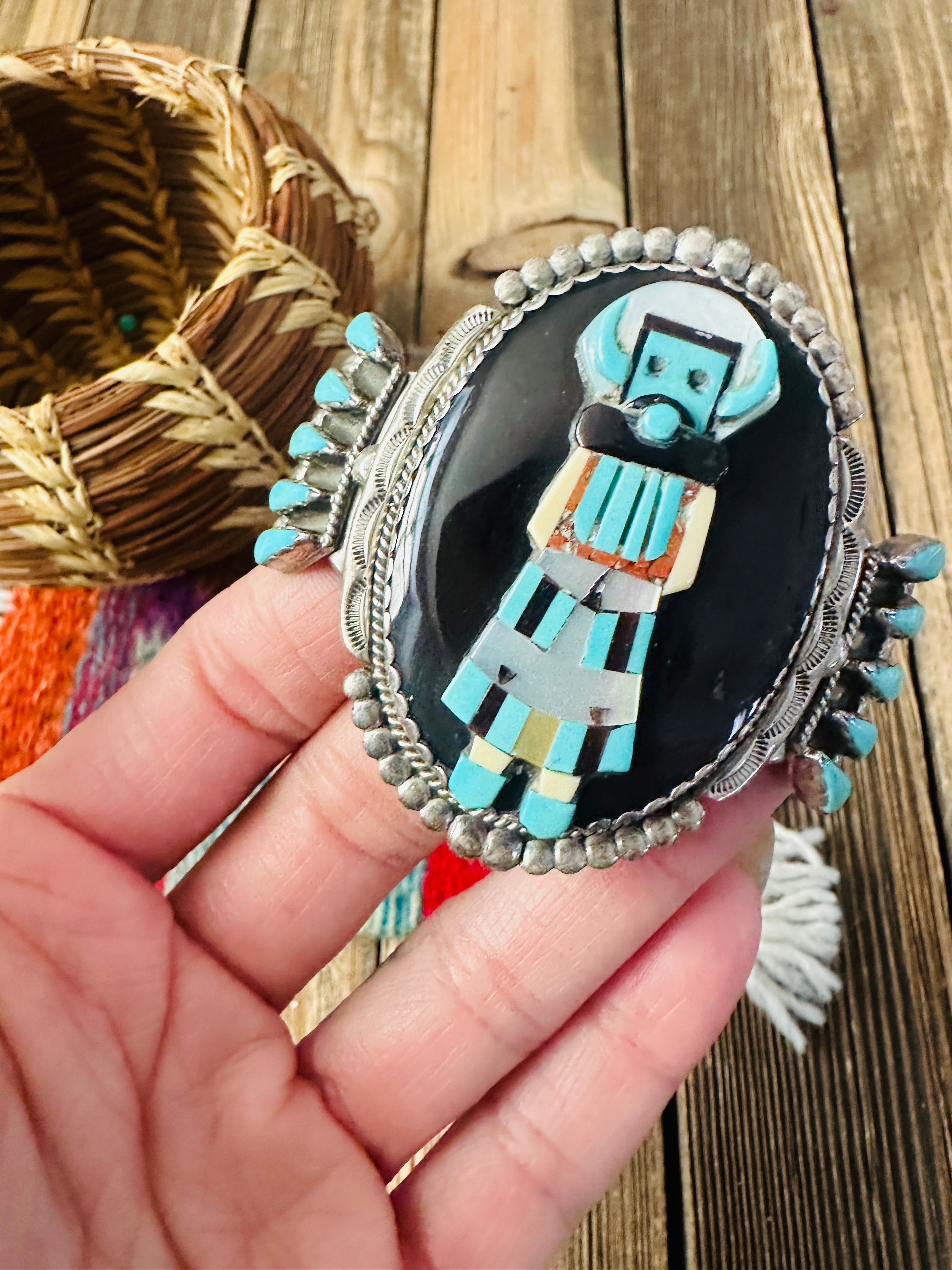 Handcrafted Old Pawn Sterling Silver & Multi Stone Inlay Kachina Cuff Bracelet