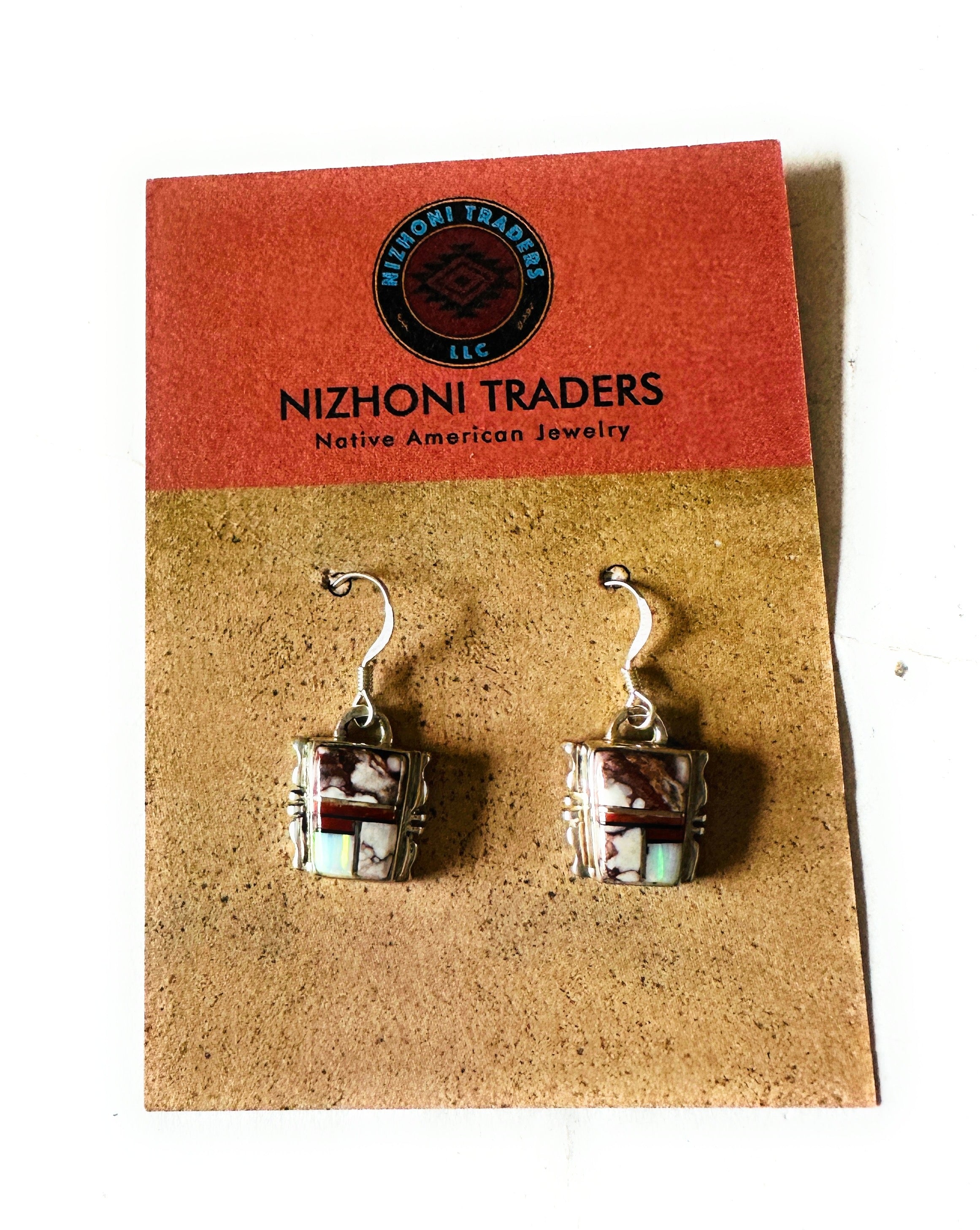 Navajo Sterling Silver & Multi Stone Inlay Dangle Earrings