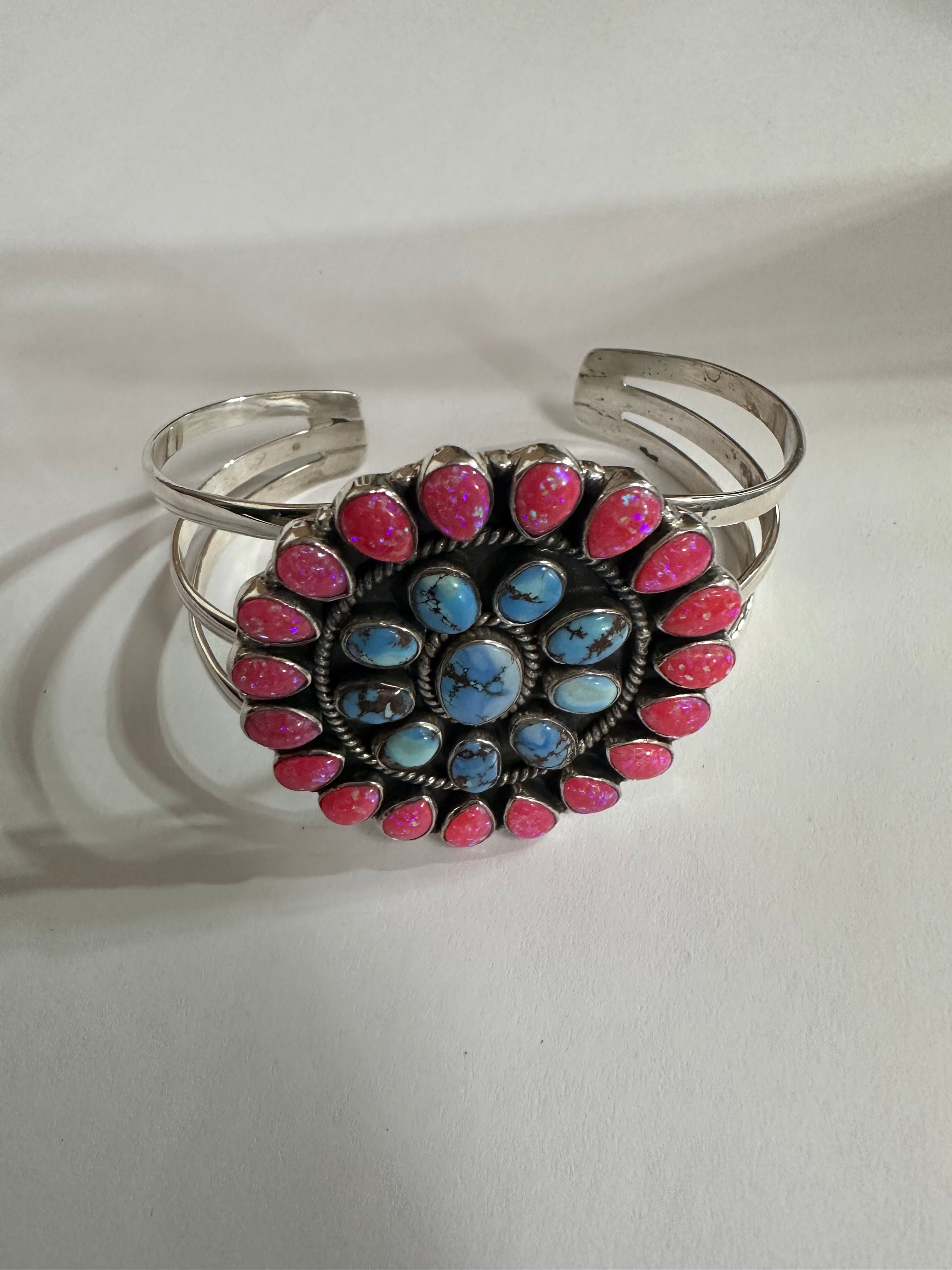 Handmade Sterling Silver, Golden Hills Turquoise & Hot Pink Fire Opal Adjustable Cuff Bracelet