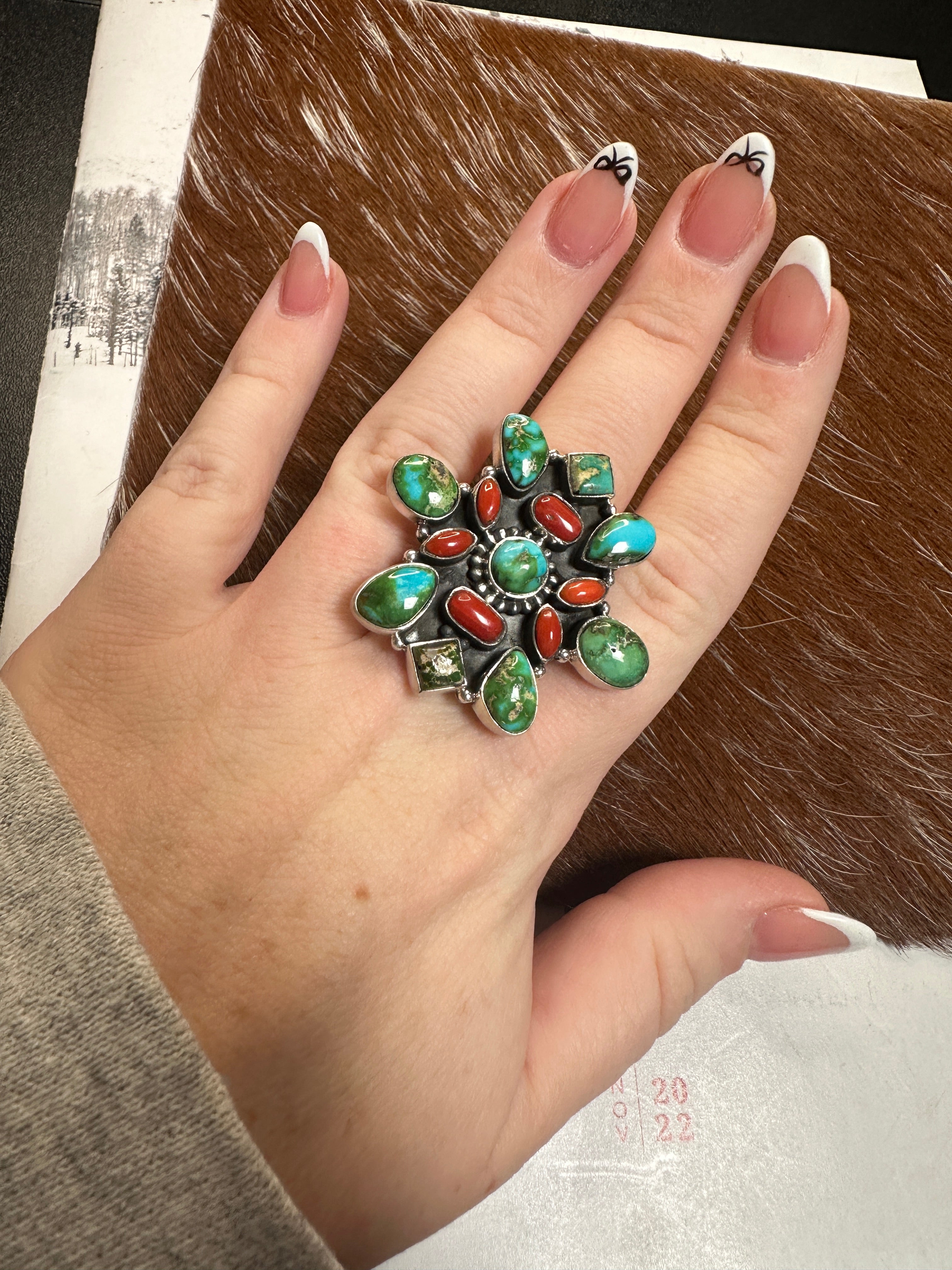 Beautiful Handmade Coral, Sonoran Turquoise And Sterling Silver Adjustable Statement Ring 5