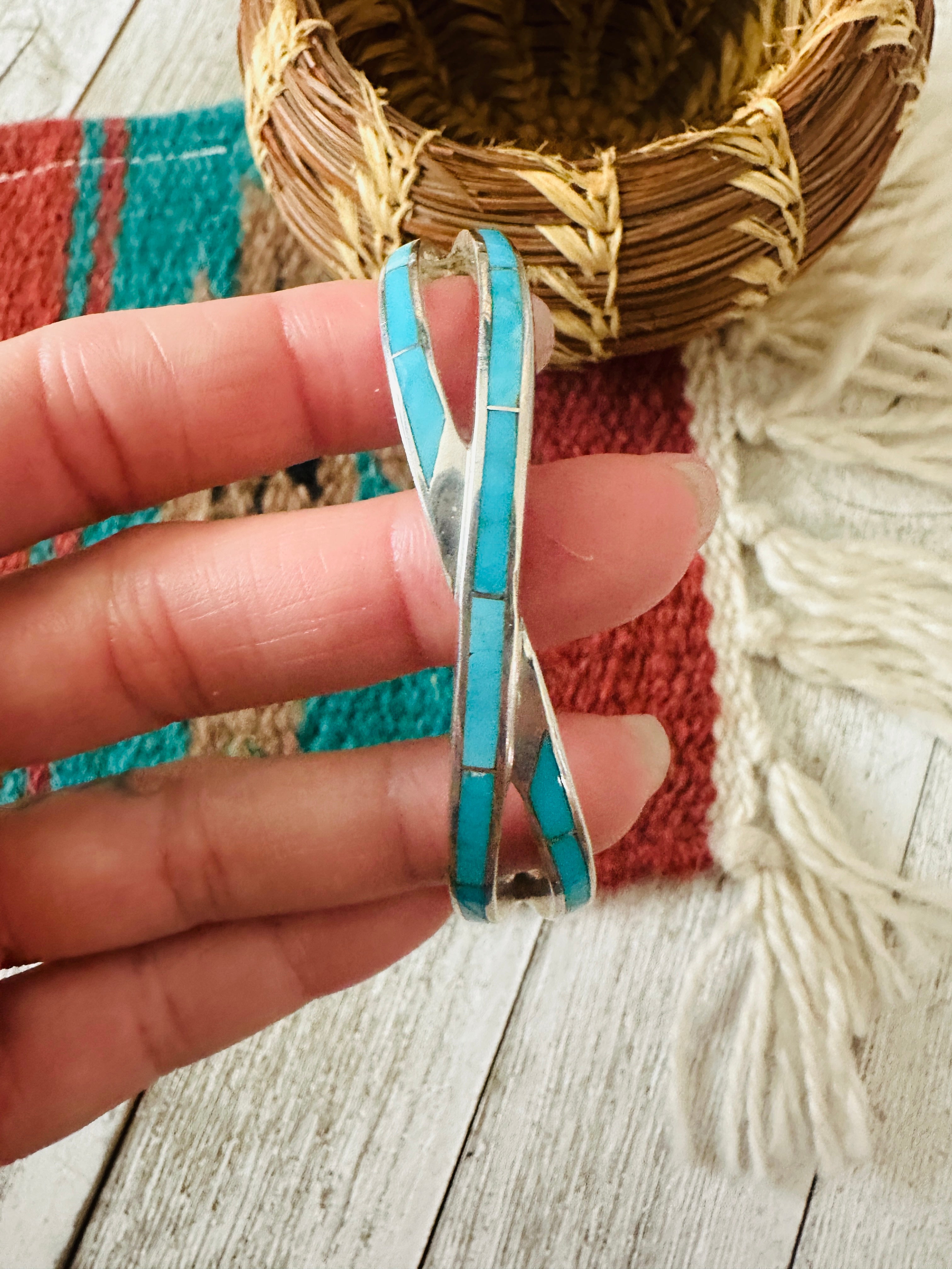 Handcrafted Turquoise & Sterling Silver Inlay Twist Cuff Bracelet /