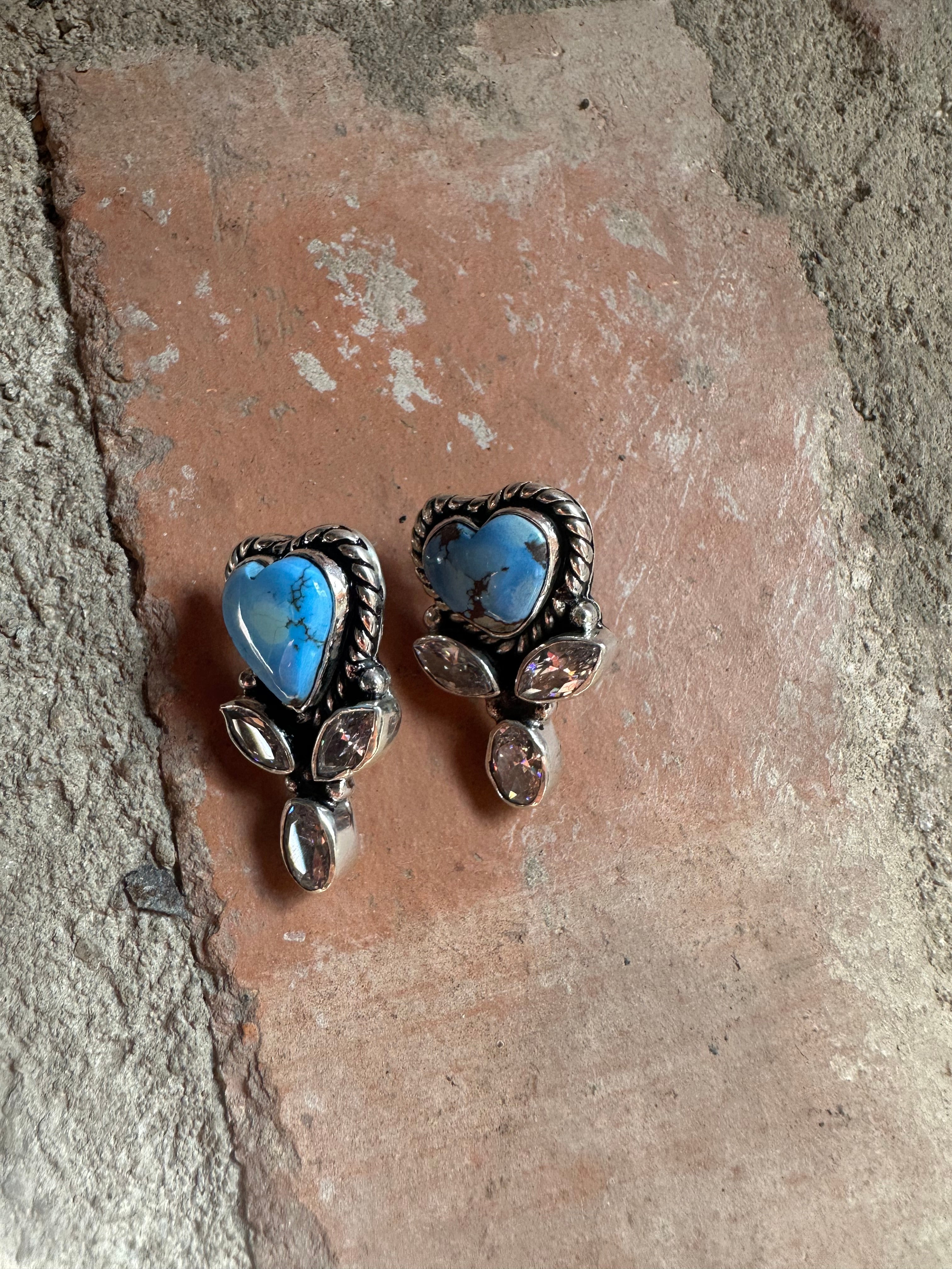 Handmade Golden Hills Turquoise, CZ and Sterling Silver Post Earrings