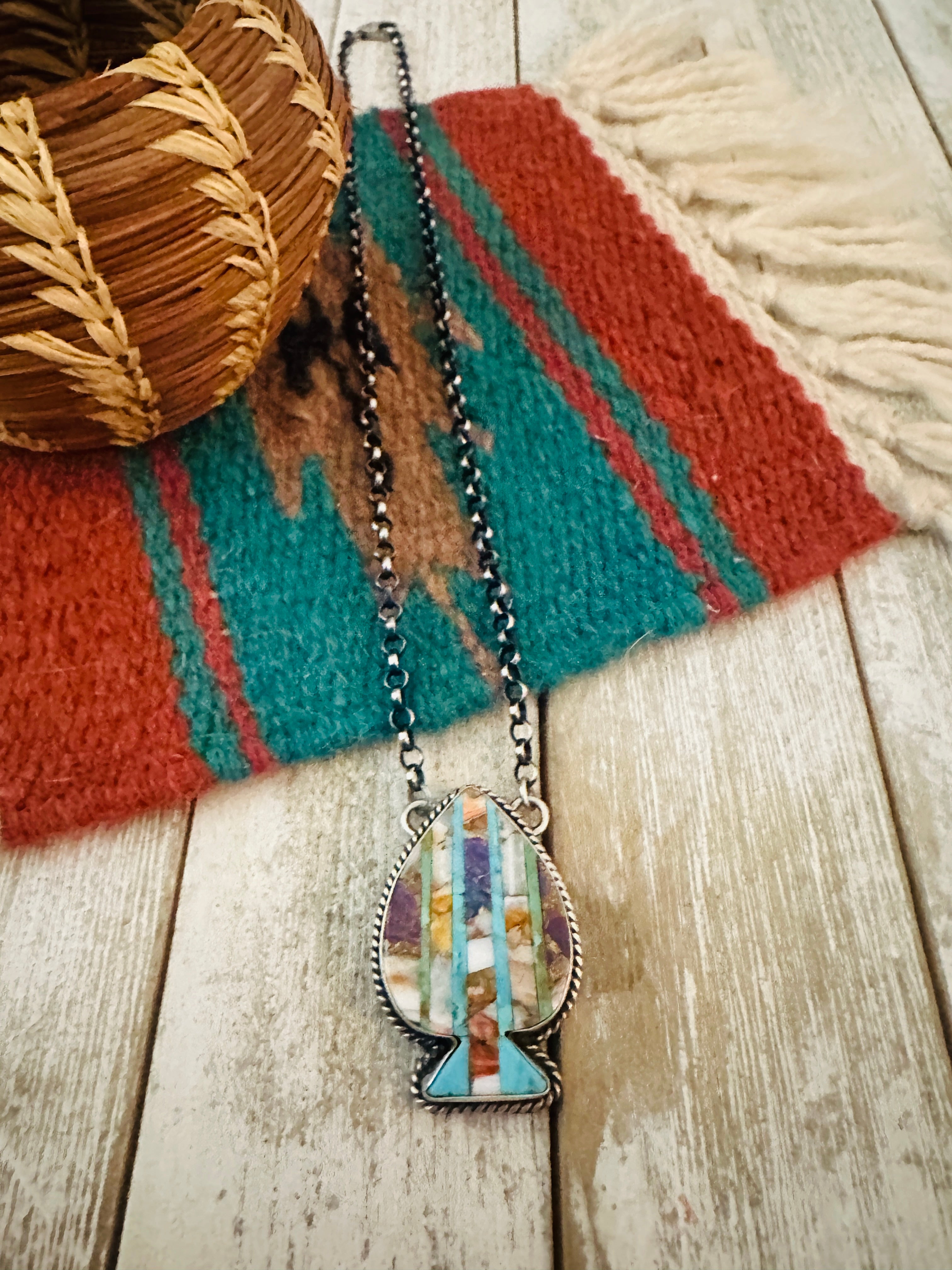 Navajo Sterling Silver & Multi Stone Inlay Spade Necklace
