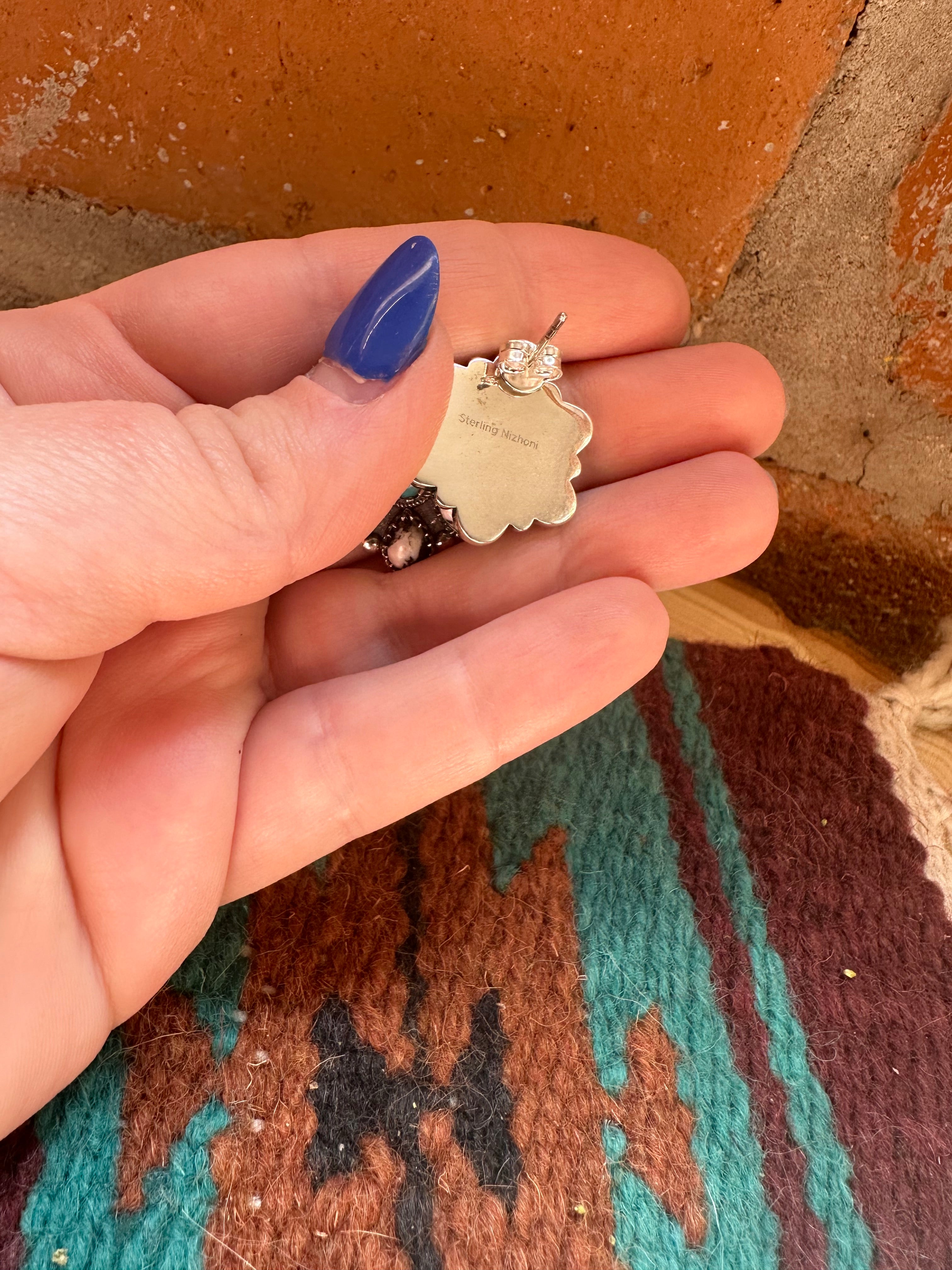 Handmade Sterling Silver, White Buffalo & Turquoise Post Earrings Signed Nizhoni