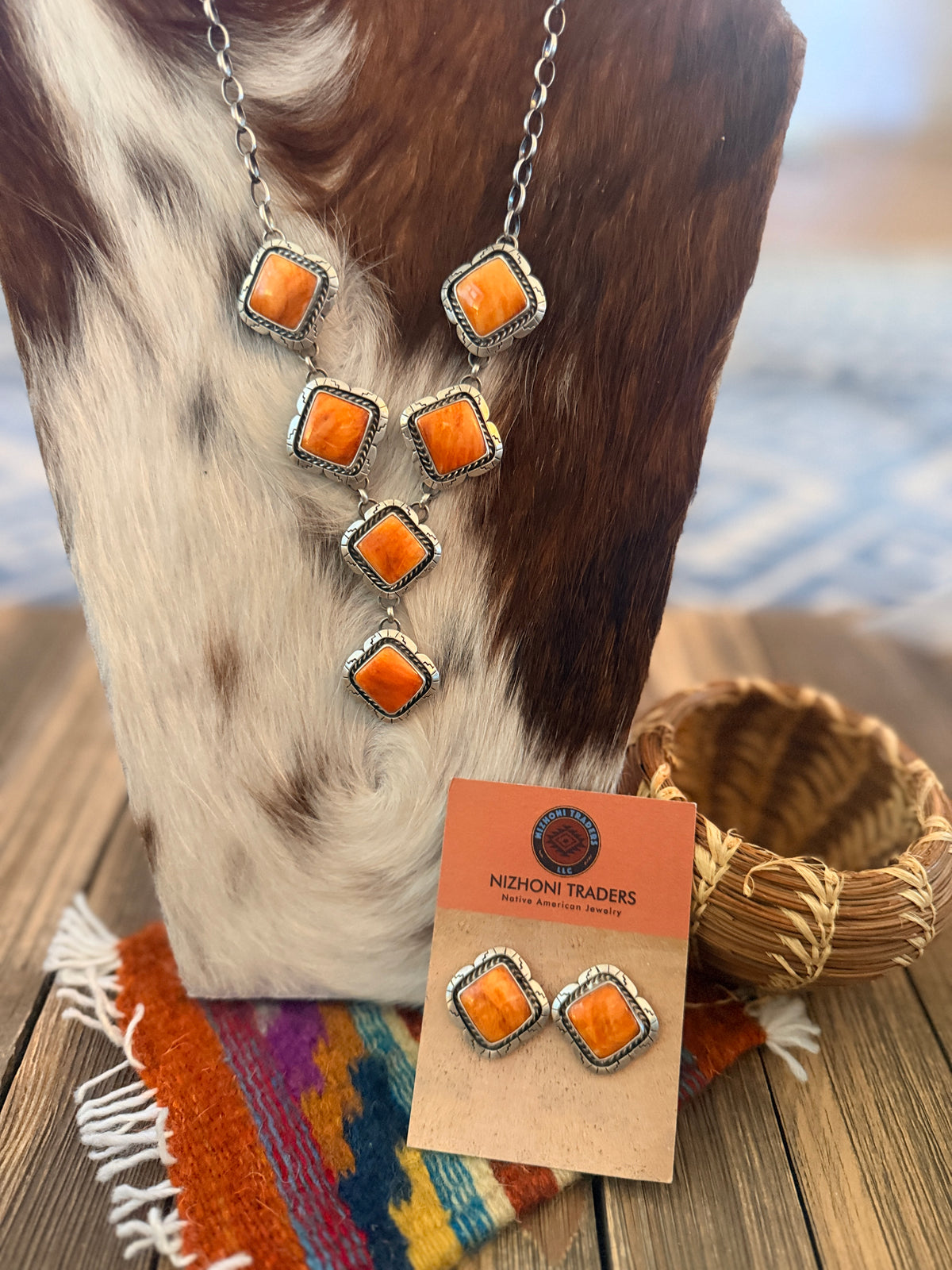 Handcrafted Spiny Oyster & Sterling Silver Cluster Necklace and Earring Set by Larry Kaye