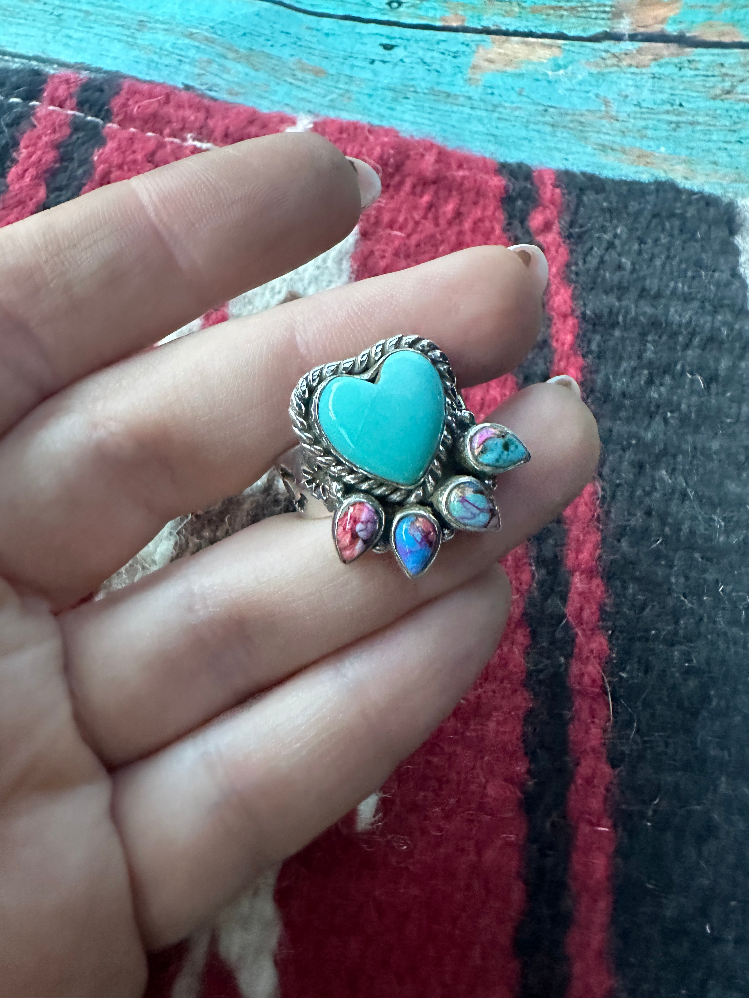 Beautiful Handmade Turquoise, Pink Dream Mojave And Sterling Silver Adjustable Heart Ring