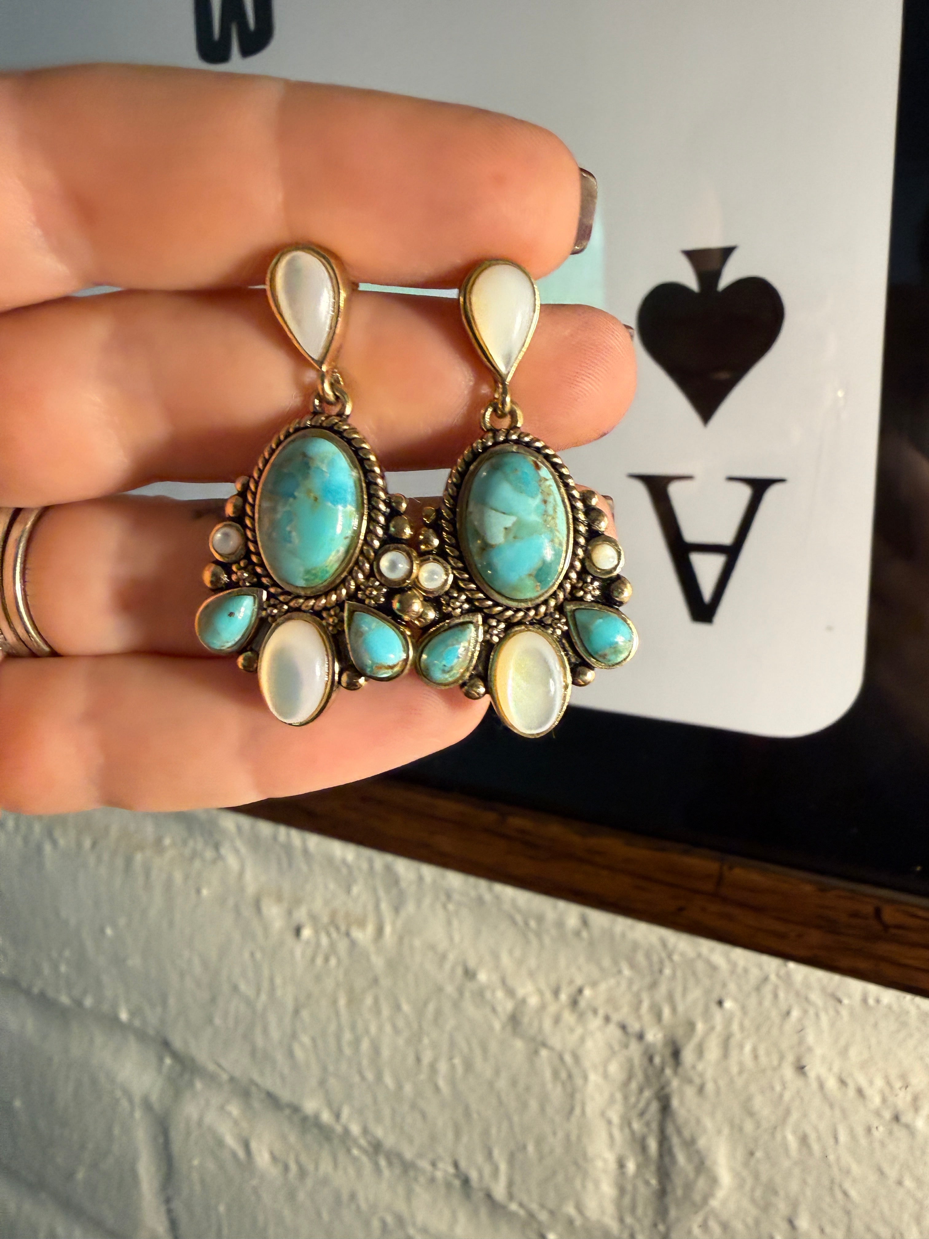 “The Golden Collection” BARCELONA BLUE Handmade Gold Plated Sterling Silver, Mother of Pearl & Turquoise Post Dangle Earrings