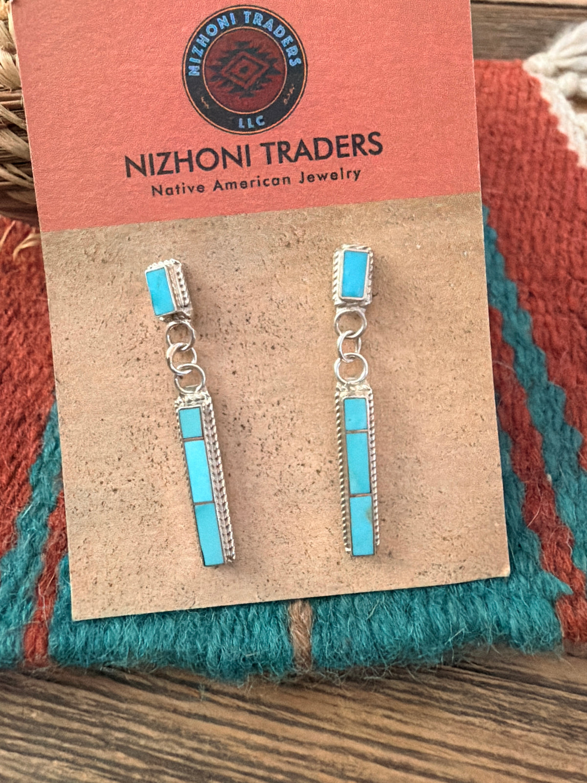 Handcrafted Turquoise & Sterling Silver Inlay Dangle Earrings
