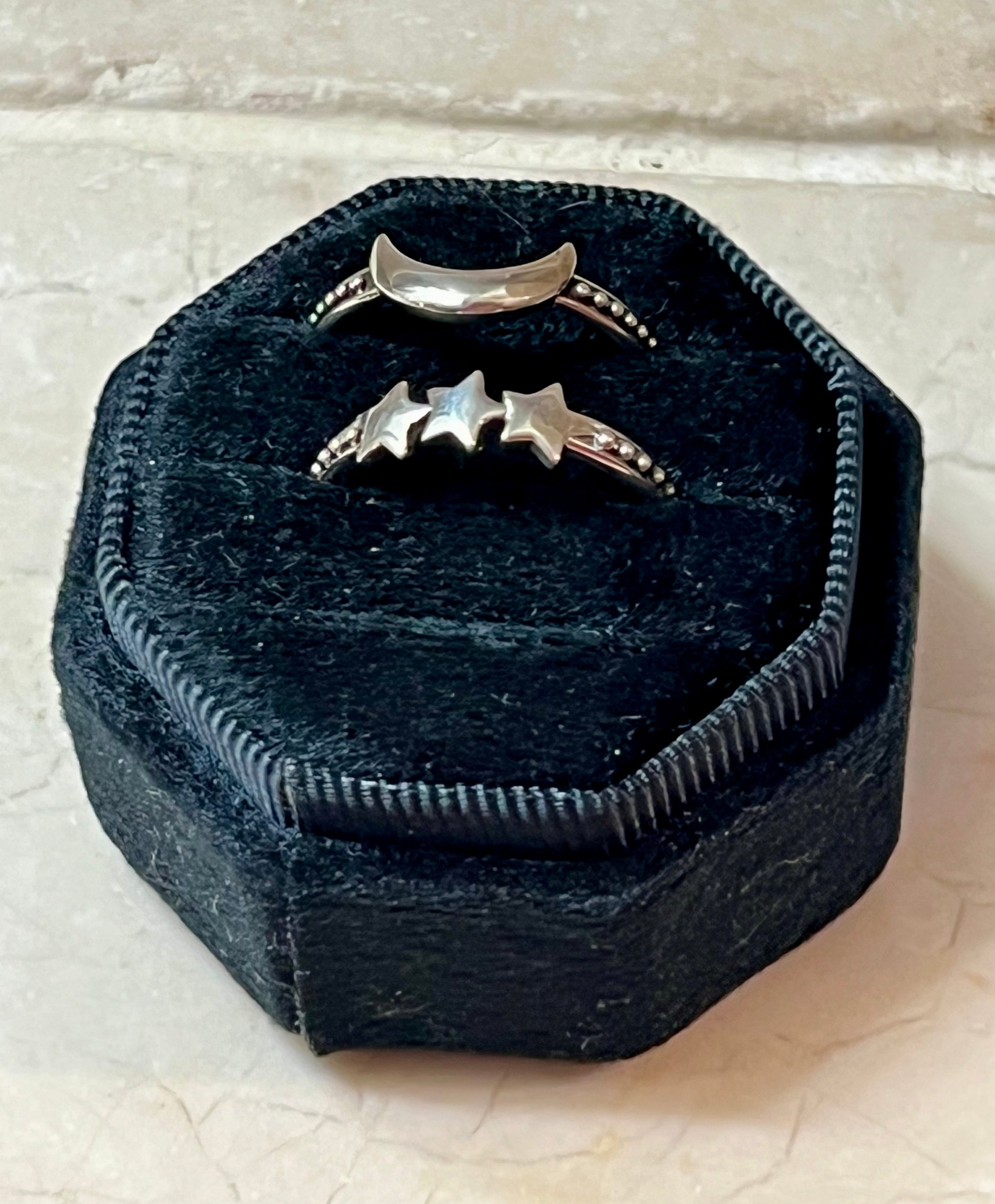 Crescent Moon & 3 Stars Sterling Silver Rings