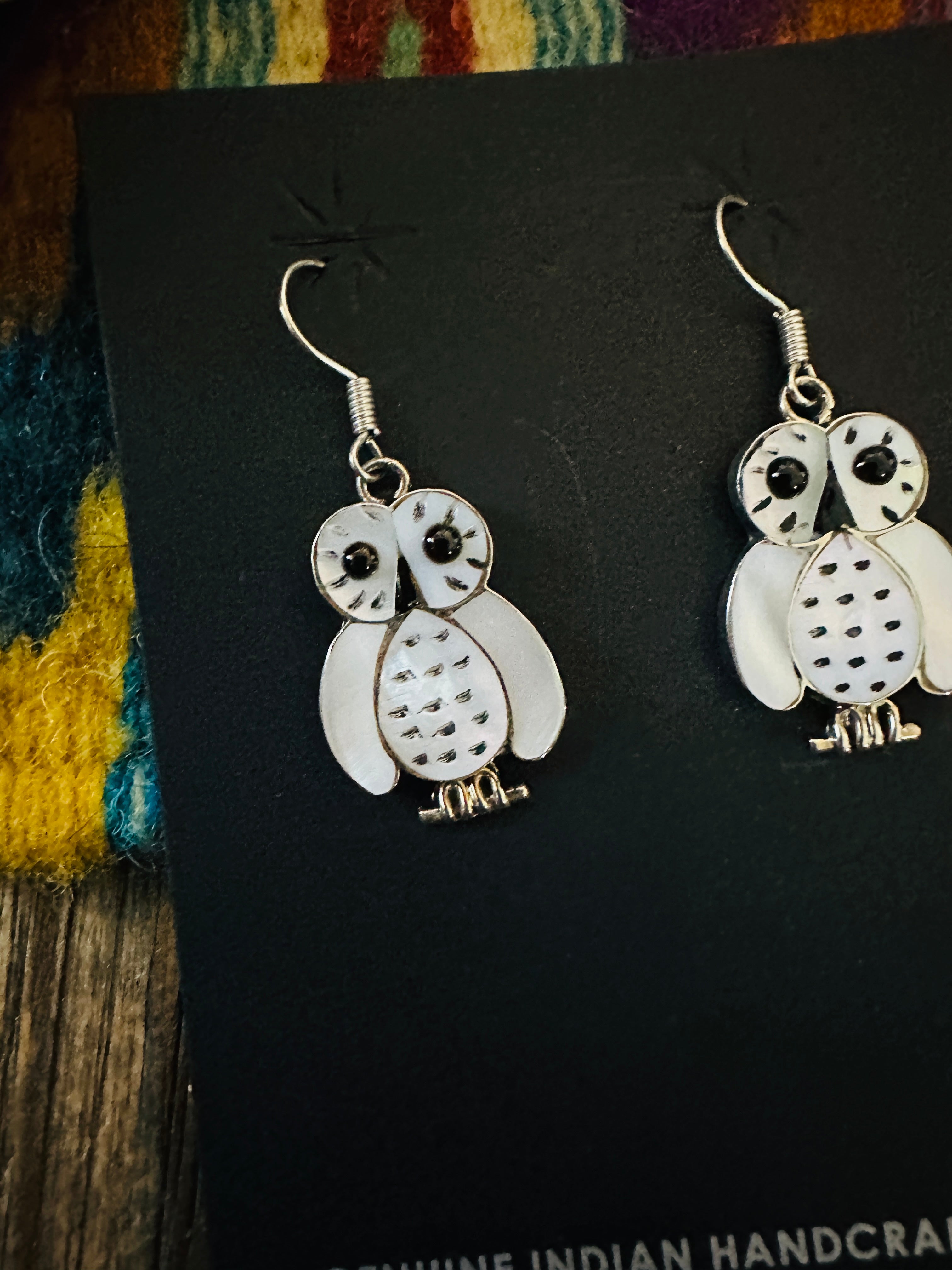Handcrafted Sterling Silver, Mother of Pearl & Jet Inlay Owl Dangle Earrings