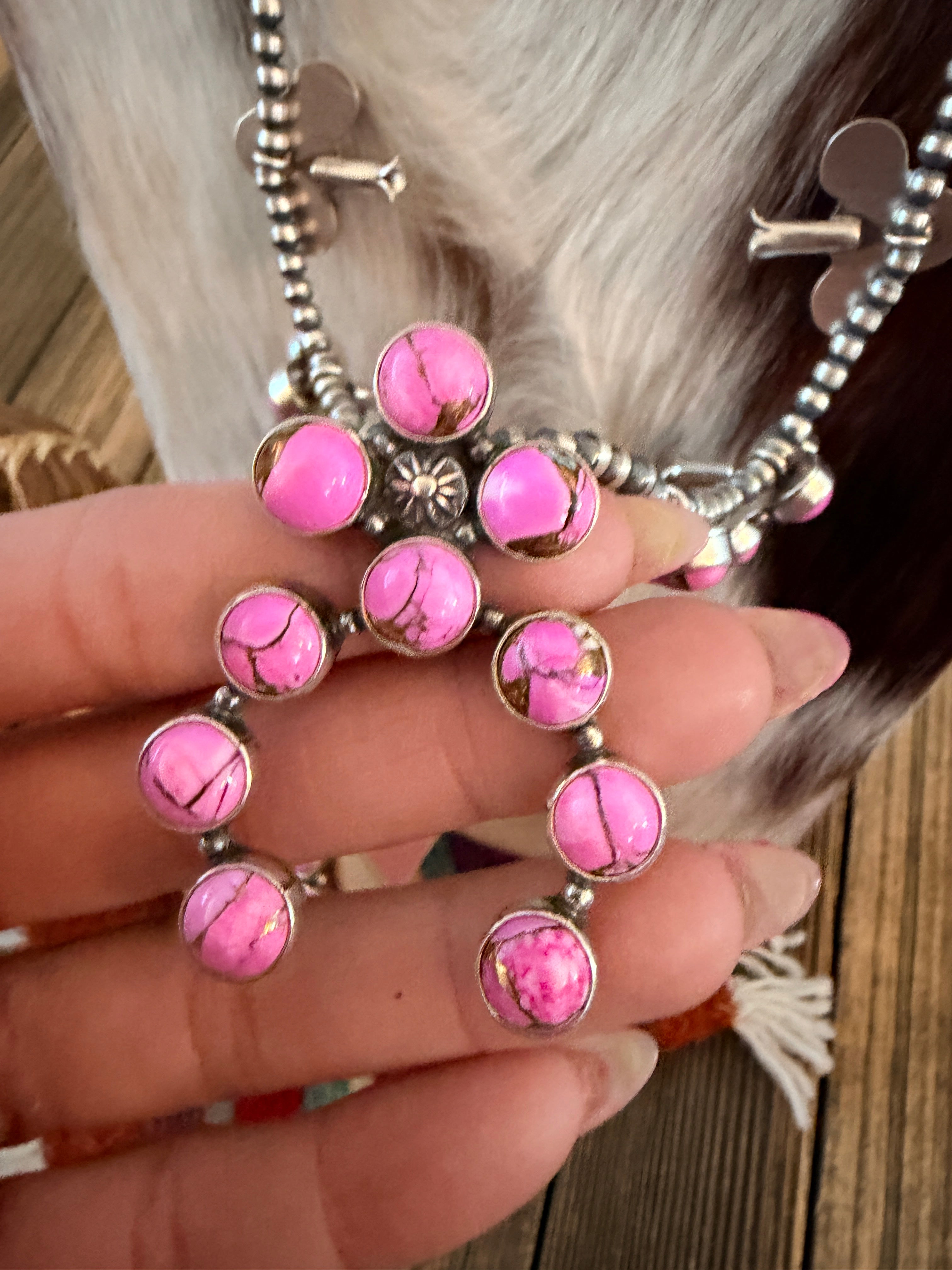 Handcrafted Cotton Candy & Sterling Silver Squash Blossom Necklace and Earring Set