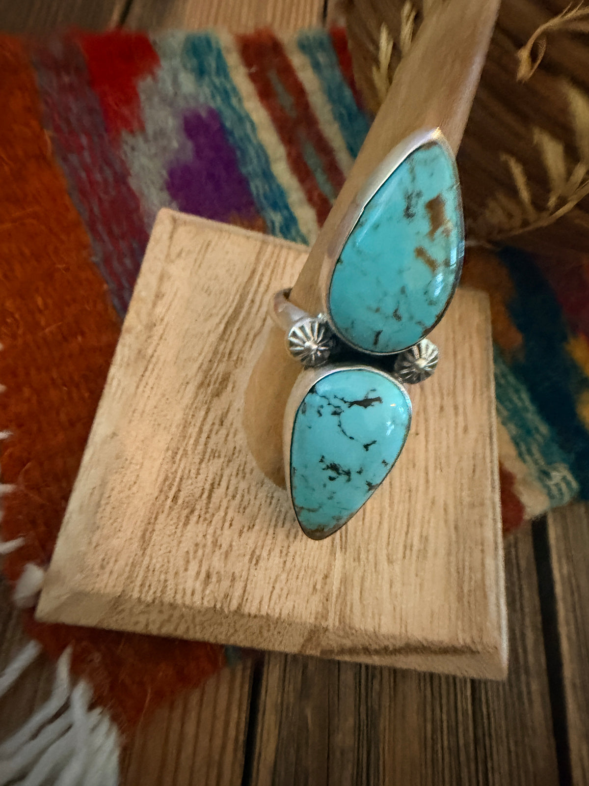Handcrafted Number 8 Turquoise & Sterling Silver Cluster Adjustable Ring