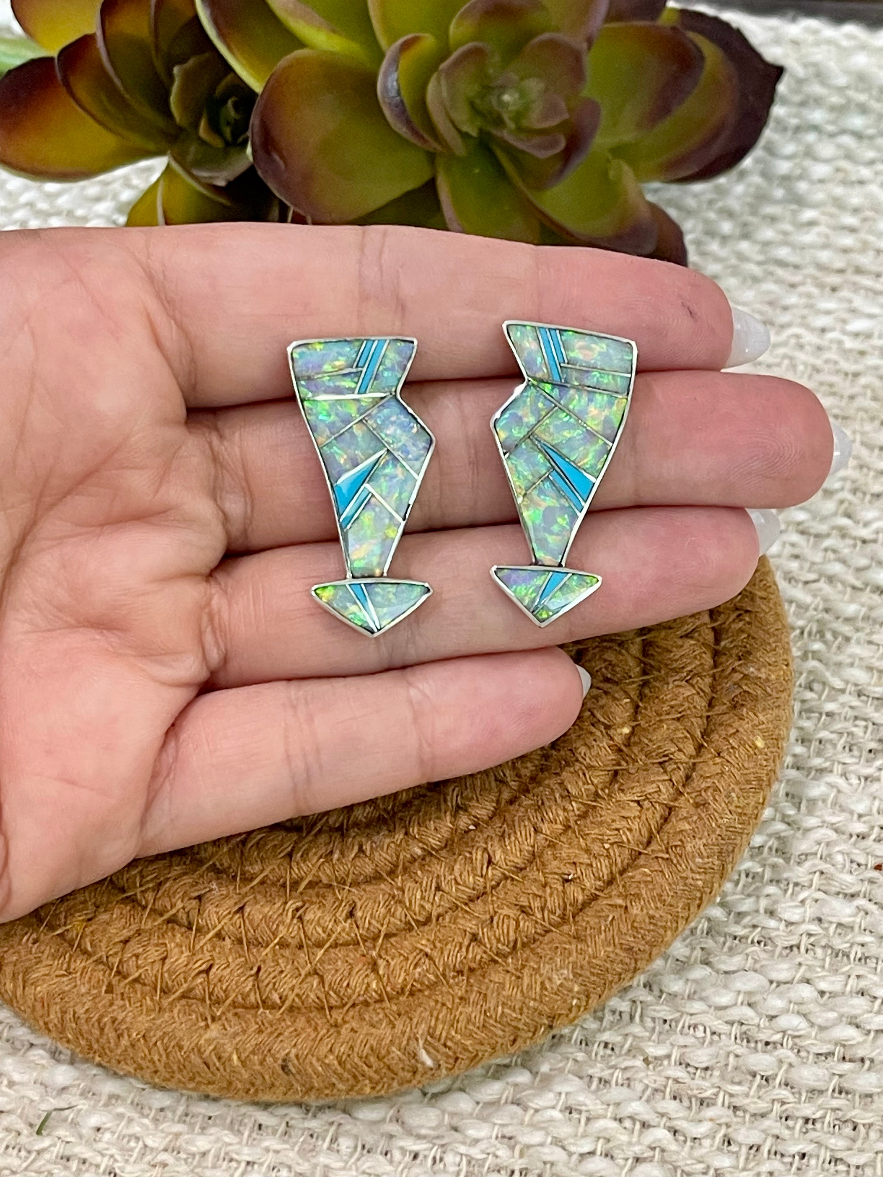 Beautiful Handmade Sterling Silver, Fire Opal & Turquoise Arrow Earrings