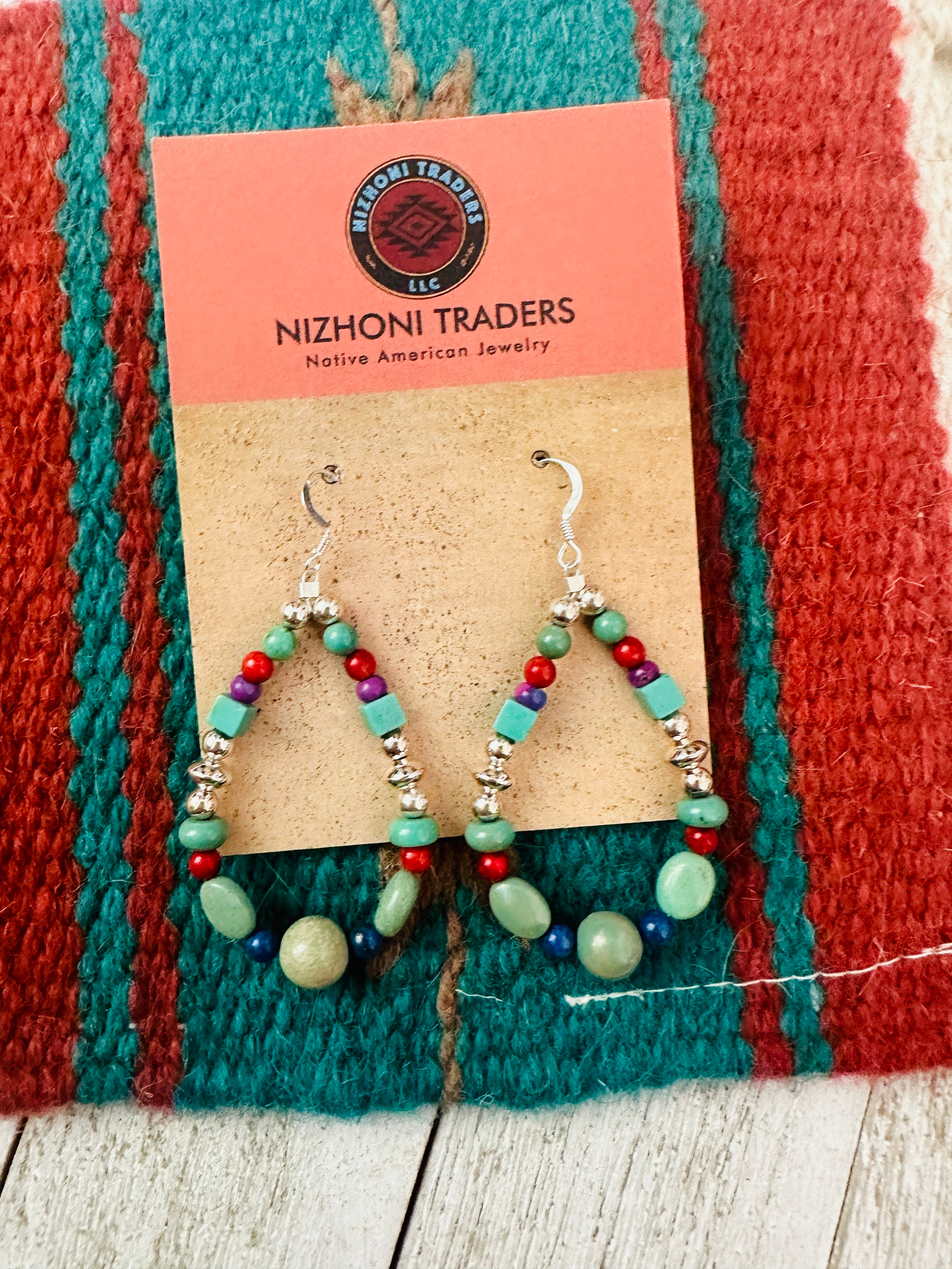 Navajo Multi Stone & Sterling Silver Dangle Hoop Earrings