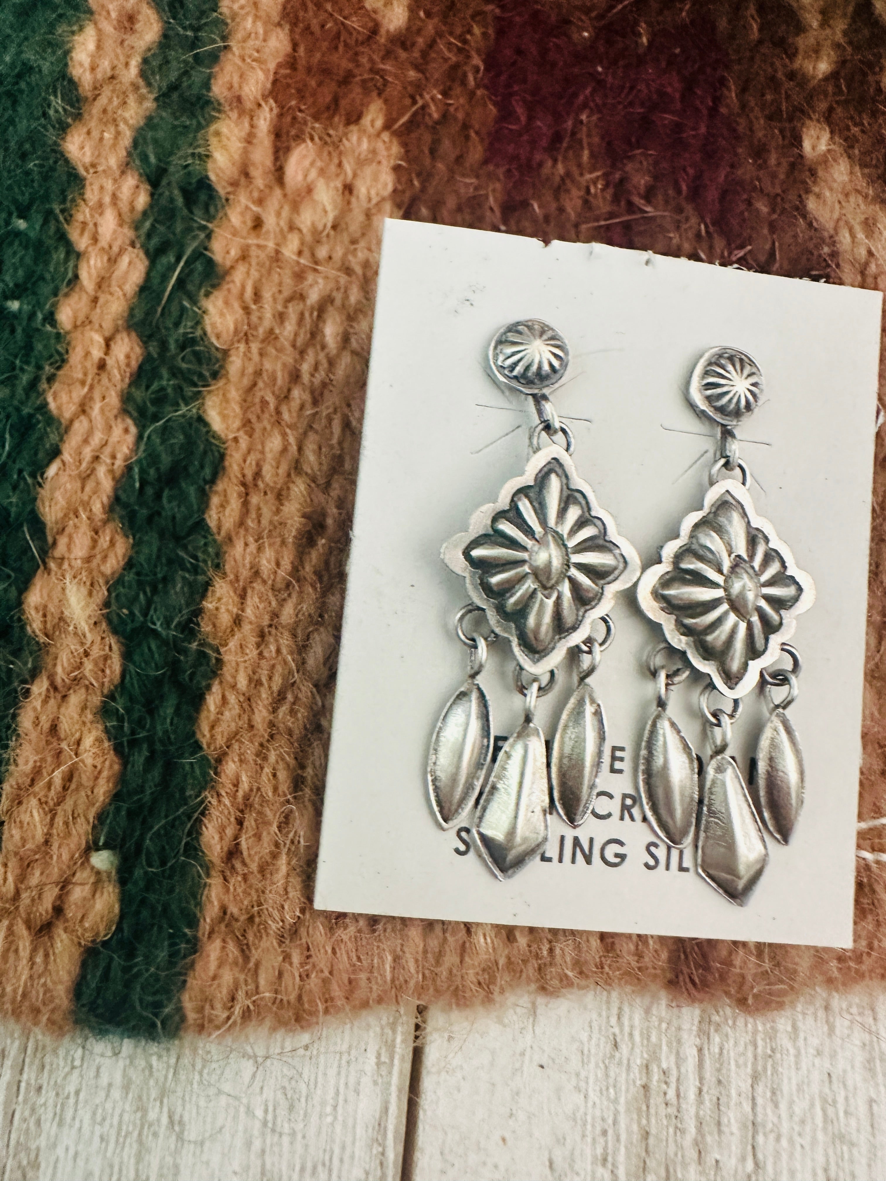 Navajo Hand Stamped Sterling Silver Concho Tassel Dangle Earrings