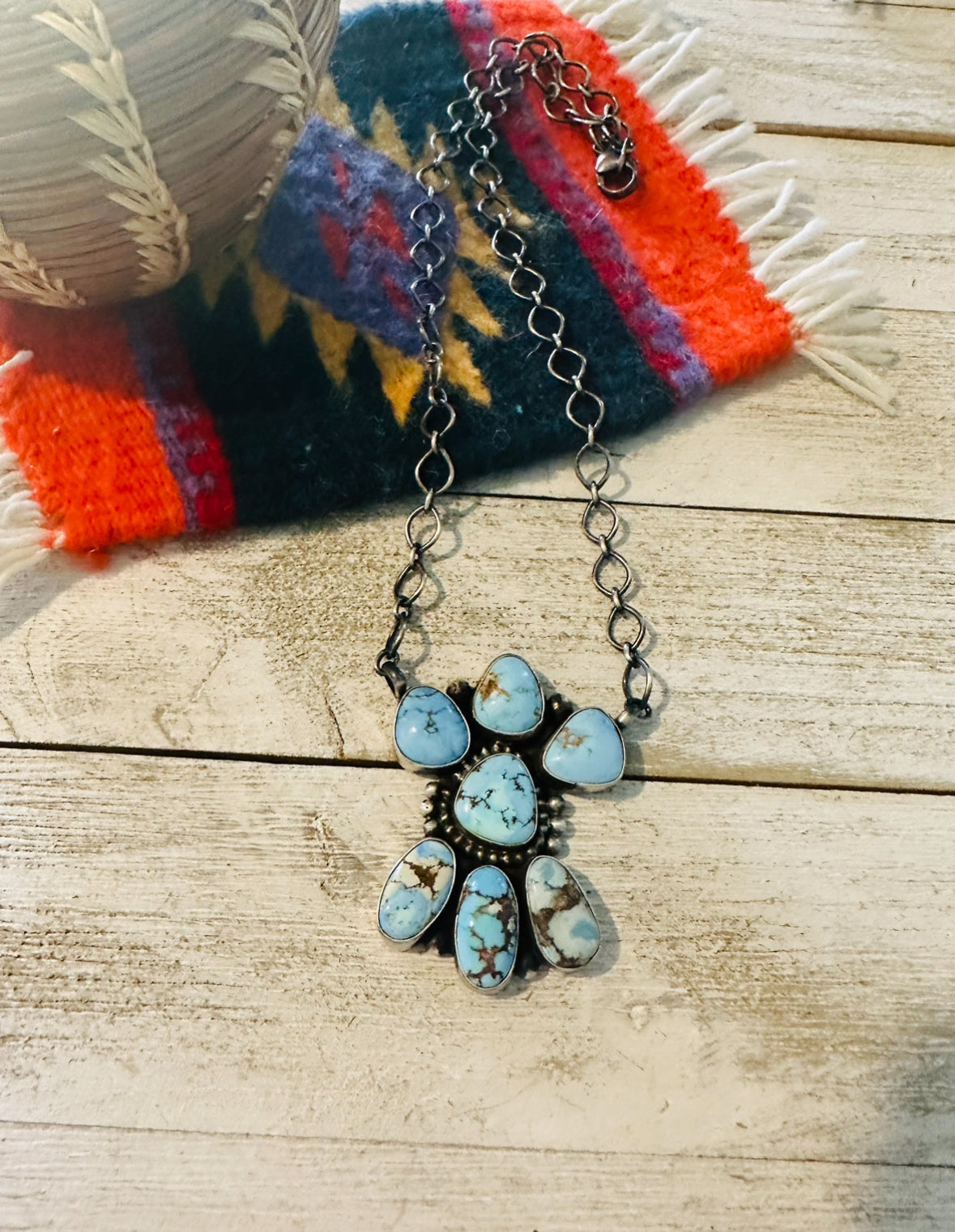 Navajo Sterling Silver & Golden Hills Turquoise Cluster Necklace