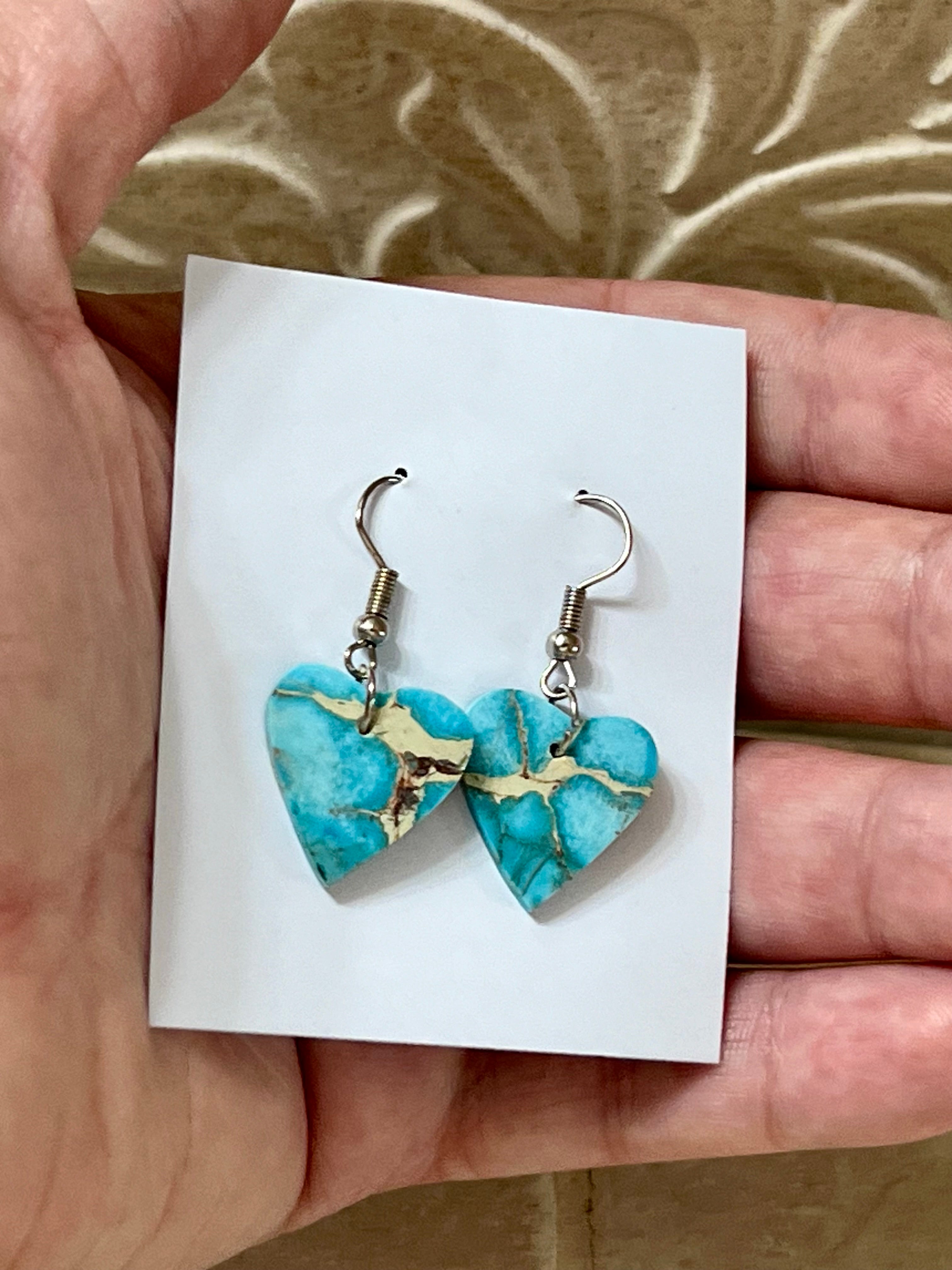 Handcrafted Blue Indigo Turquoise & Sterling Silver Heart Slab Earrings