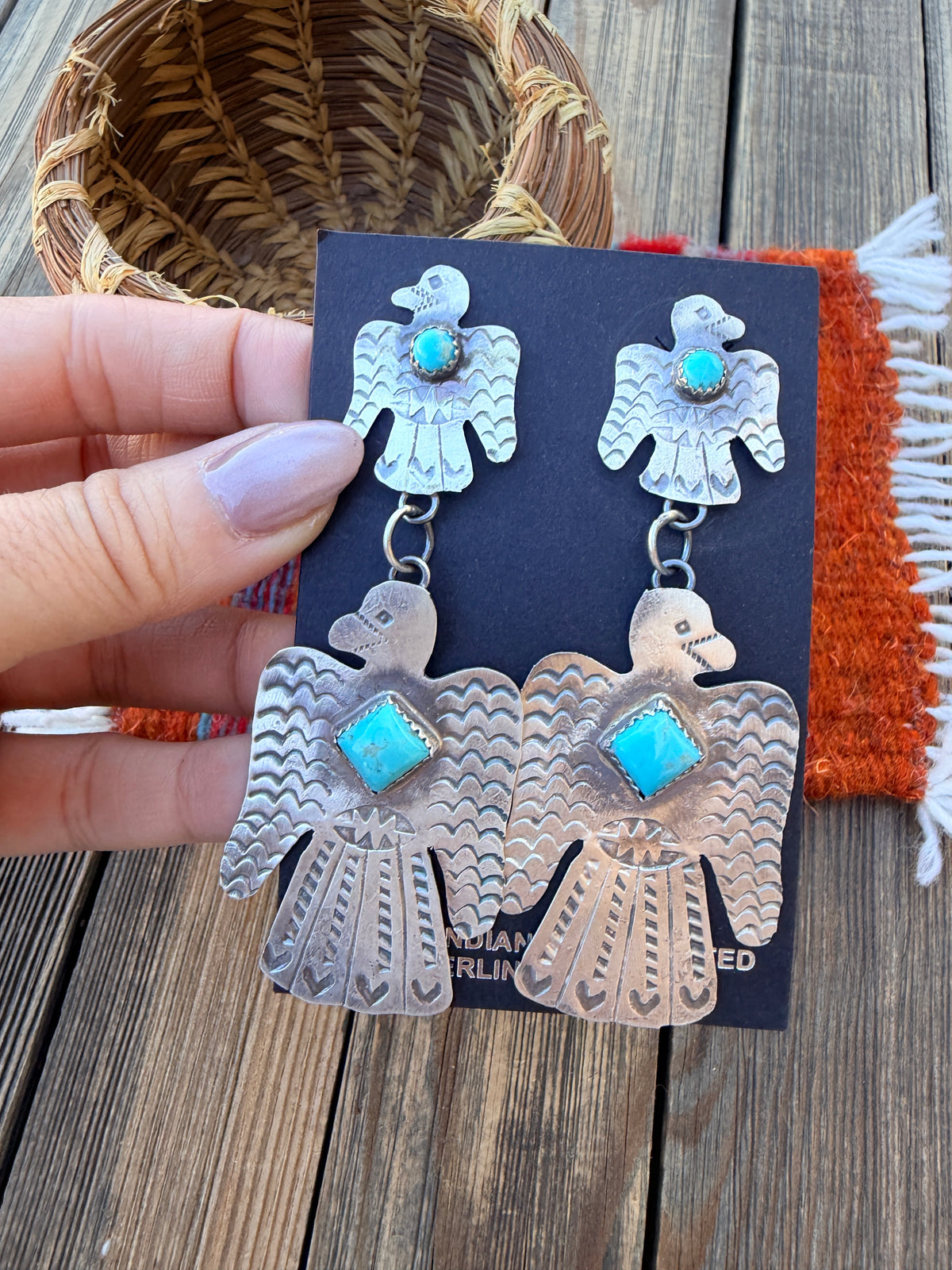 Handcrafted Sterling Silver & Turquoise Thunderbird Dangle Earrings by Gabrielle Yazzie