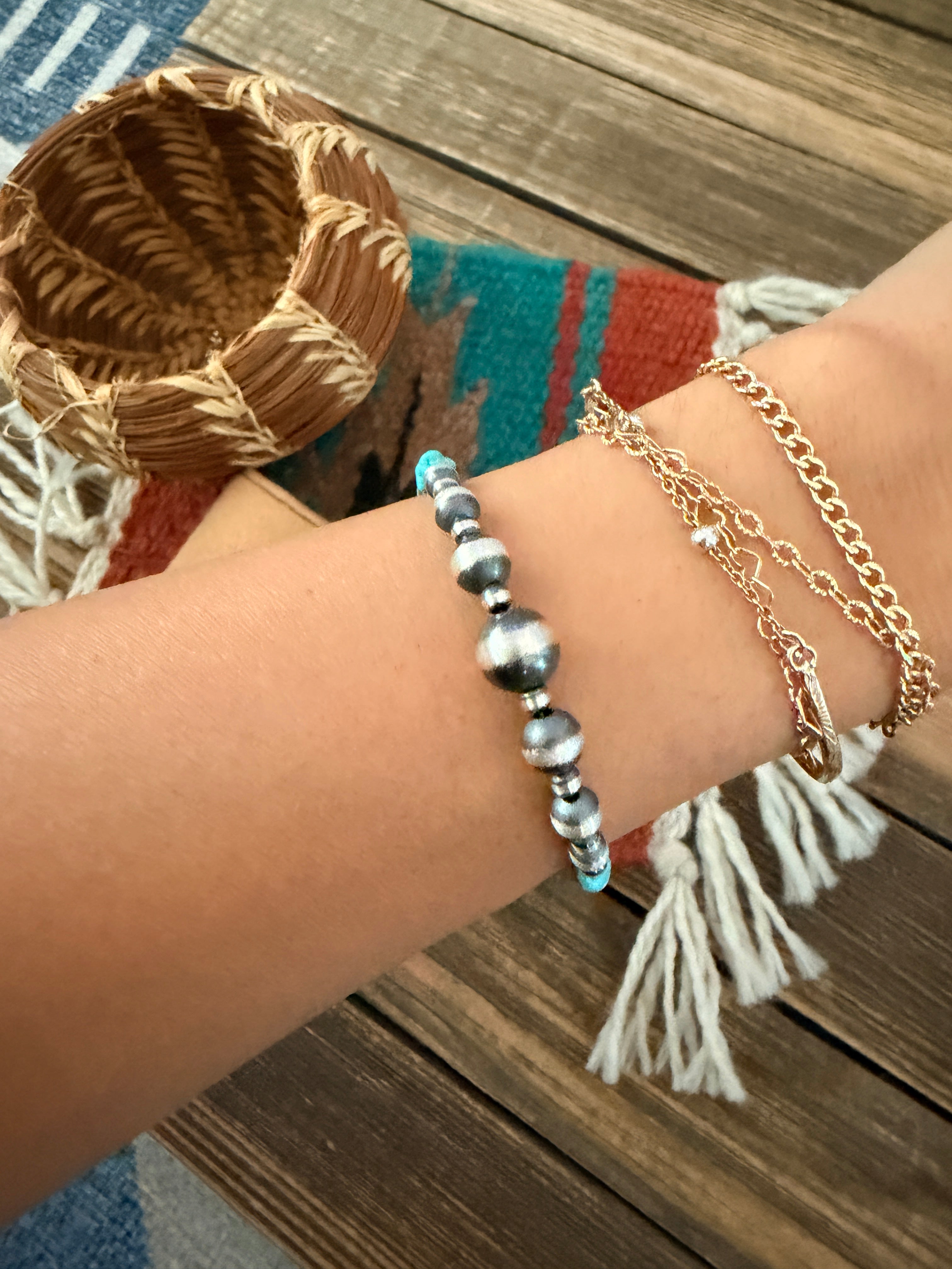 Handcrafted Turquoise & Sterling Silver Pearl Beaded Bracelet