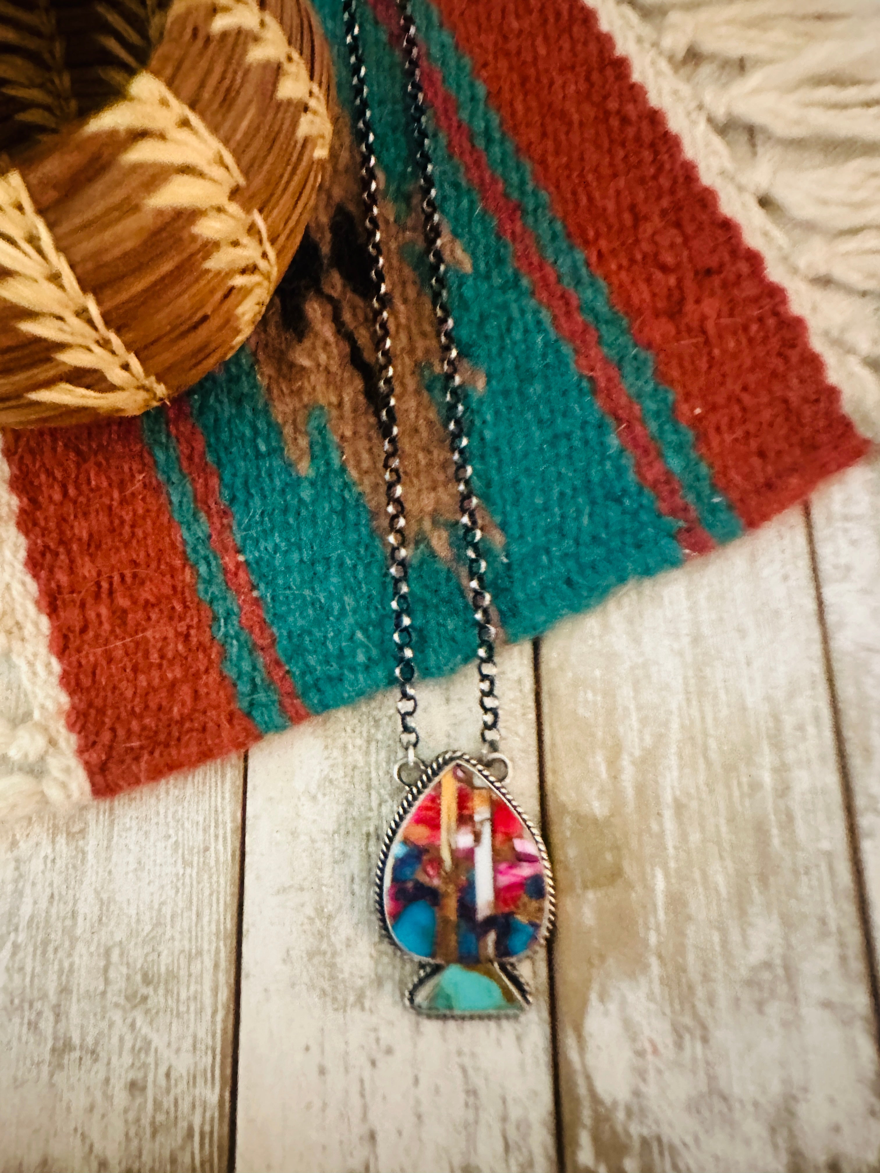 Navajo Sterling Silver & Multi Stone Inlay Spade Necklace