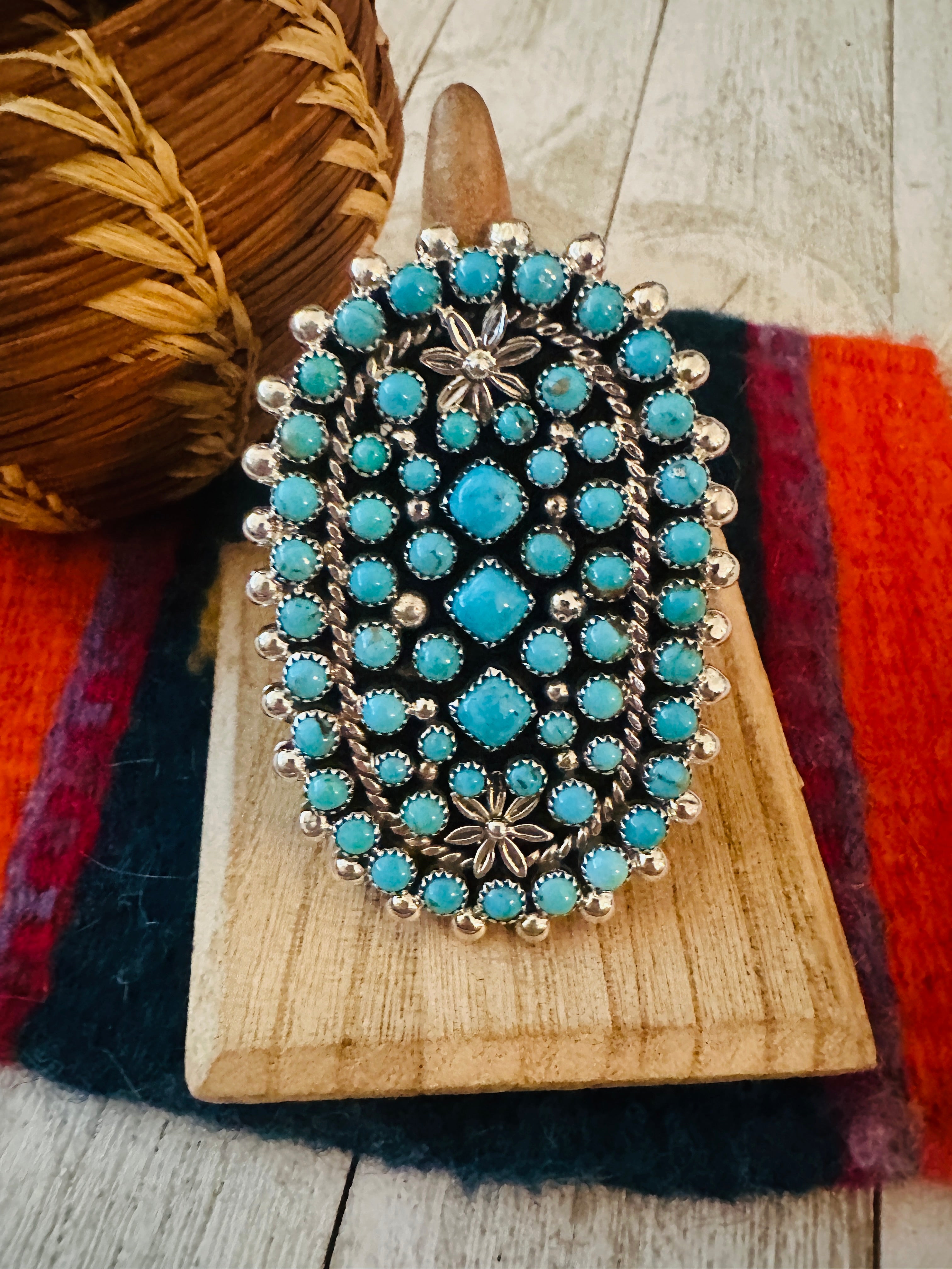 Navajo Sterling Silver & Turquoise Cluster Adjustable Ring