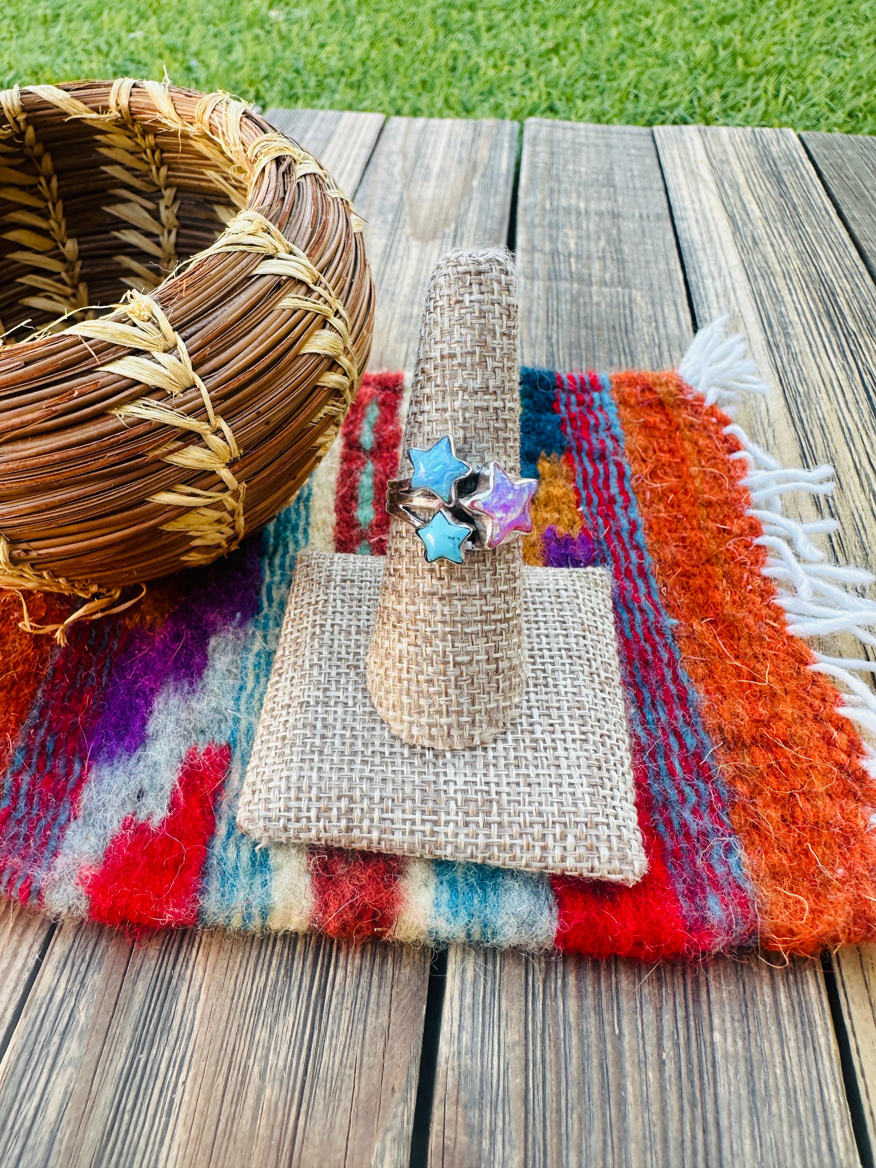 Handcrafted Opal, Turquoise & Sterling Silver 3 Star Ring Size 8