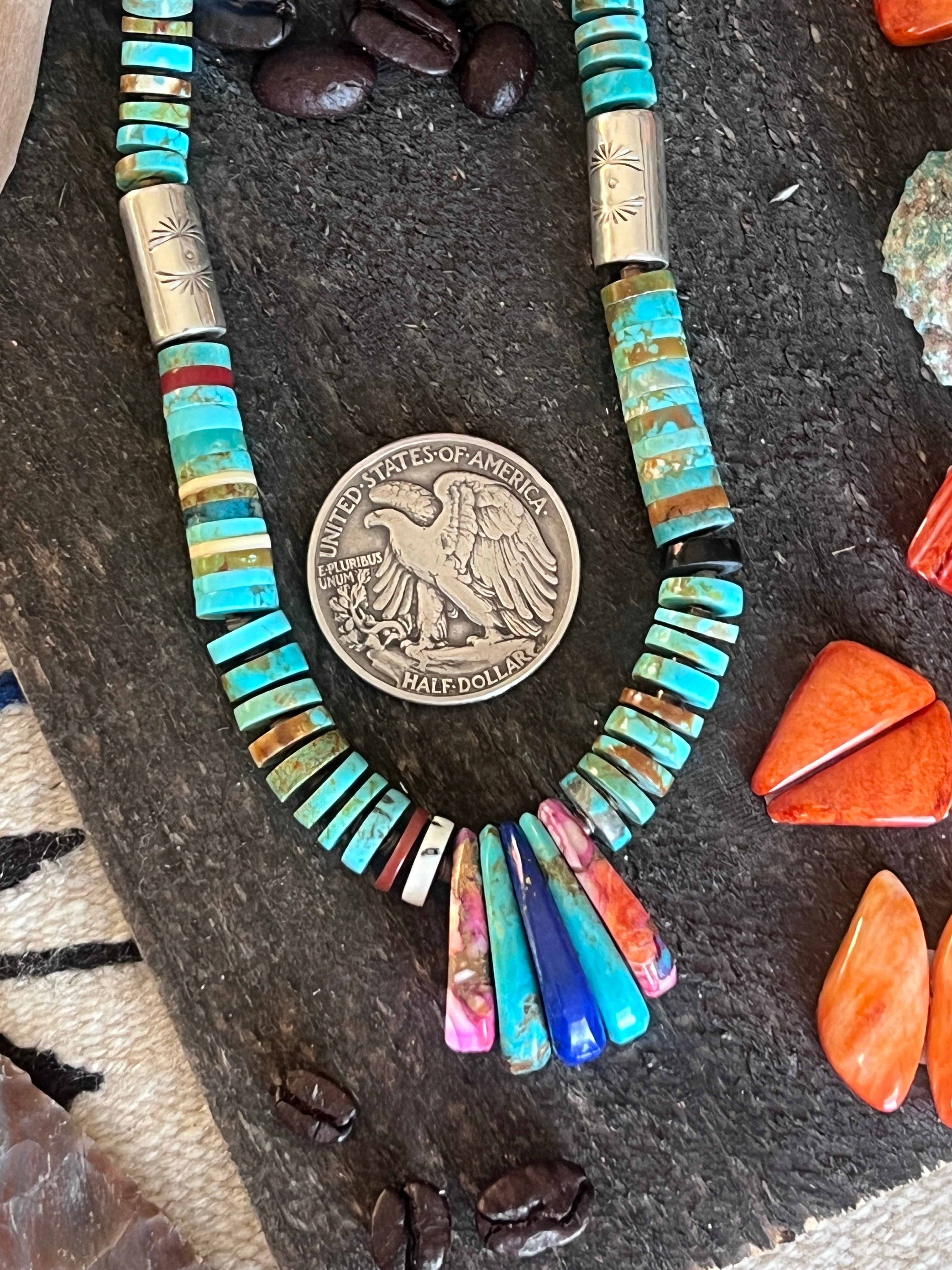 Ronald Chavez Handcrafted Sterling Silver & Multistone Heishi Beaded Necklace with Tabs, 22 inches