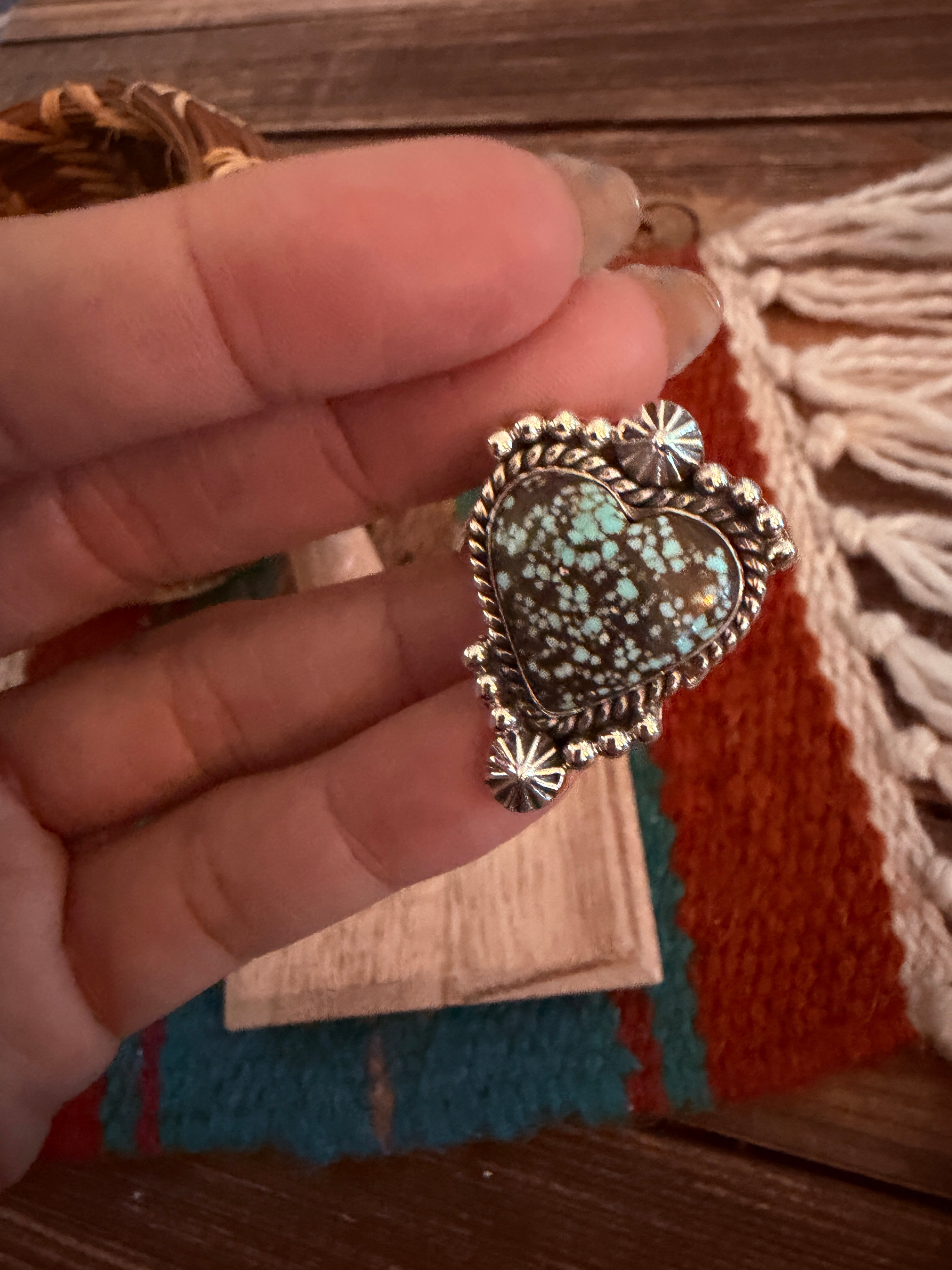 Handmade Sterling Silver Number 8 Turquoise Adjustable Heart Ring Signed Nizhoni