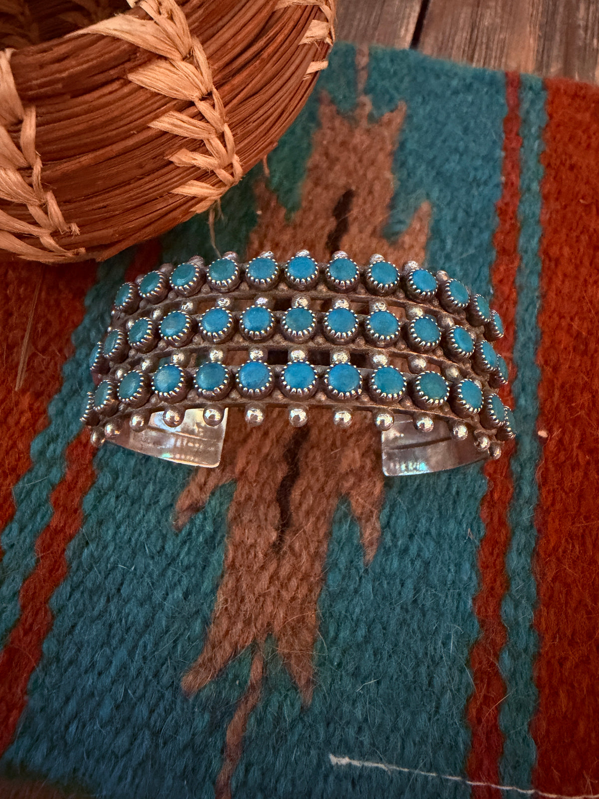 Handcrafted Old Pawn Sterling Silver & Turquoise Petit Point Cuff Bracelet