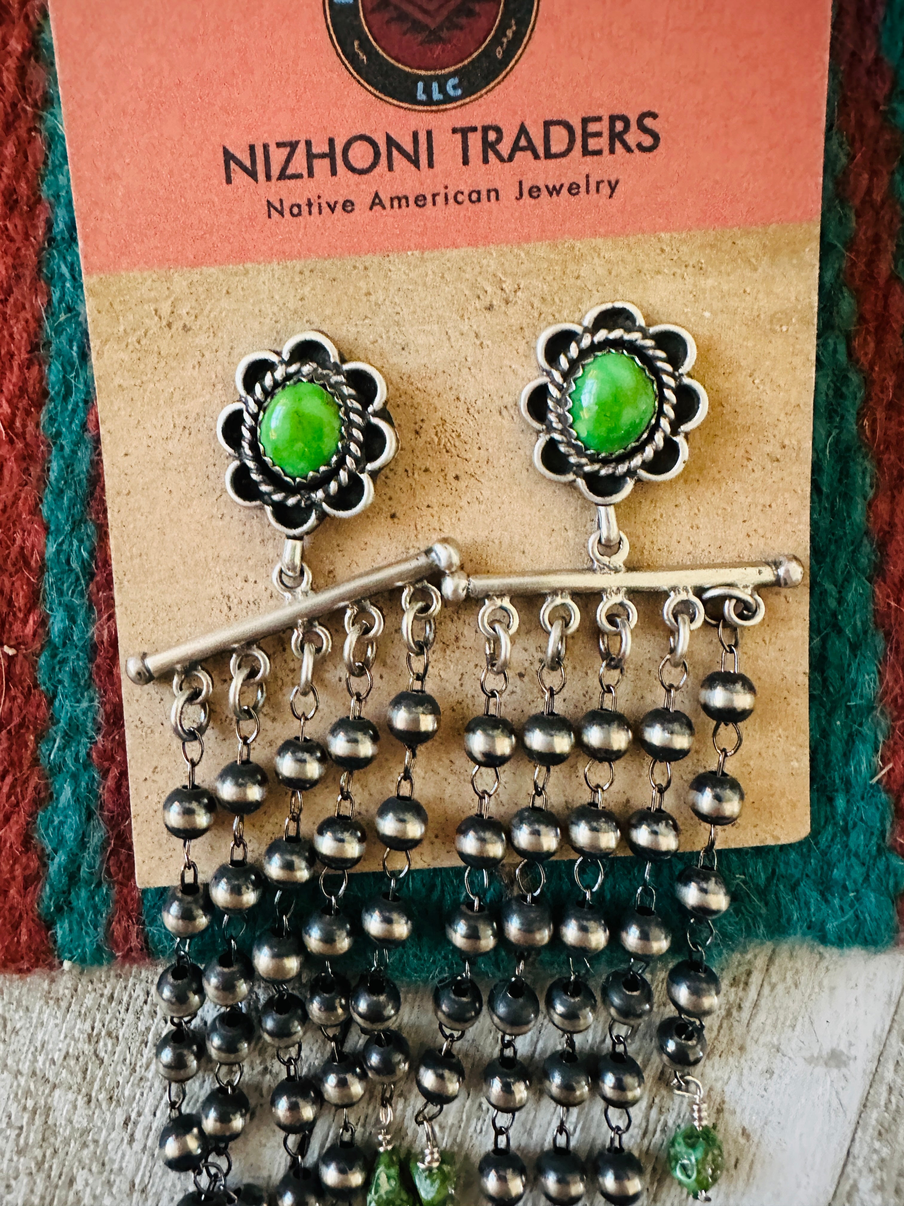 Handcrafted Green Turquoise & Sterling Silver Pearl Beaded Tassel Dangle Earrings