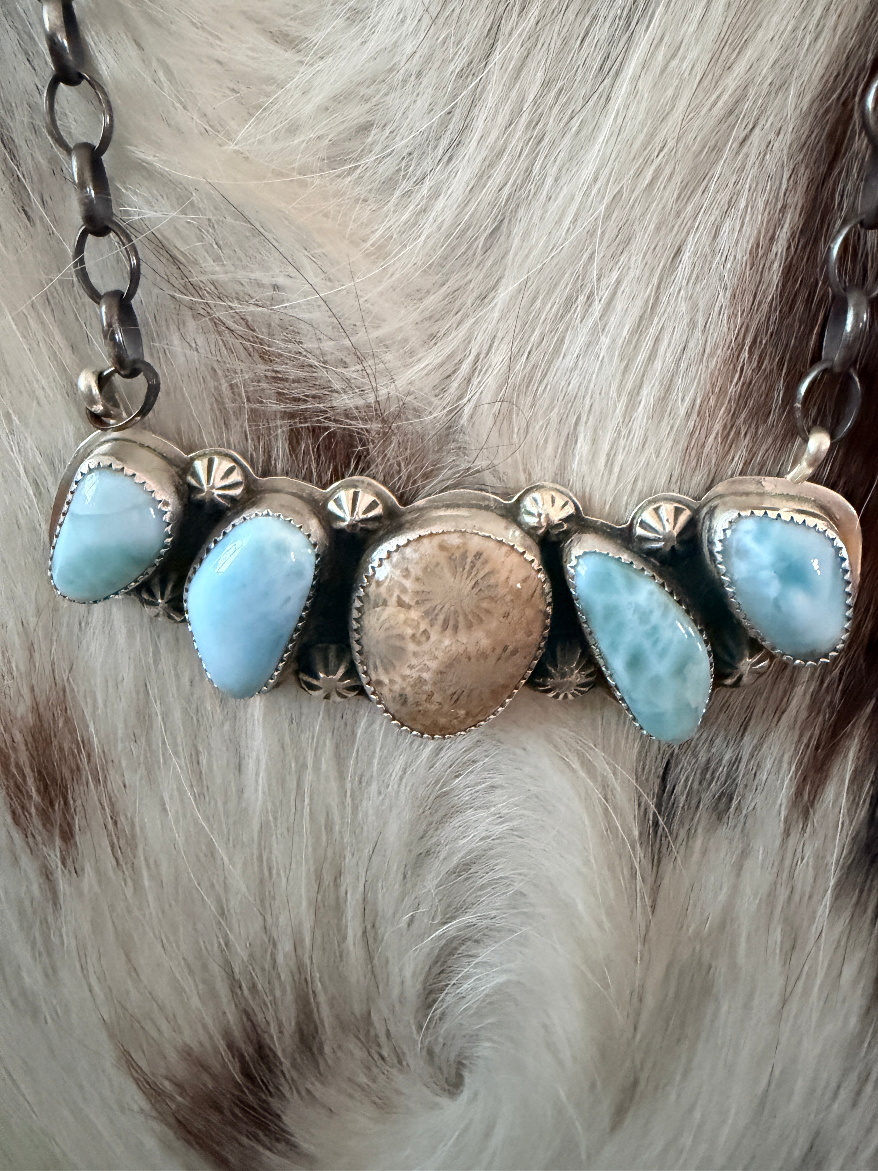 Handmade Sterling Silver, Larimar & Fossilized Coral Necklace Necklace