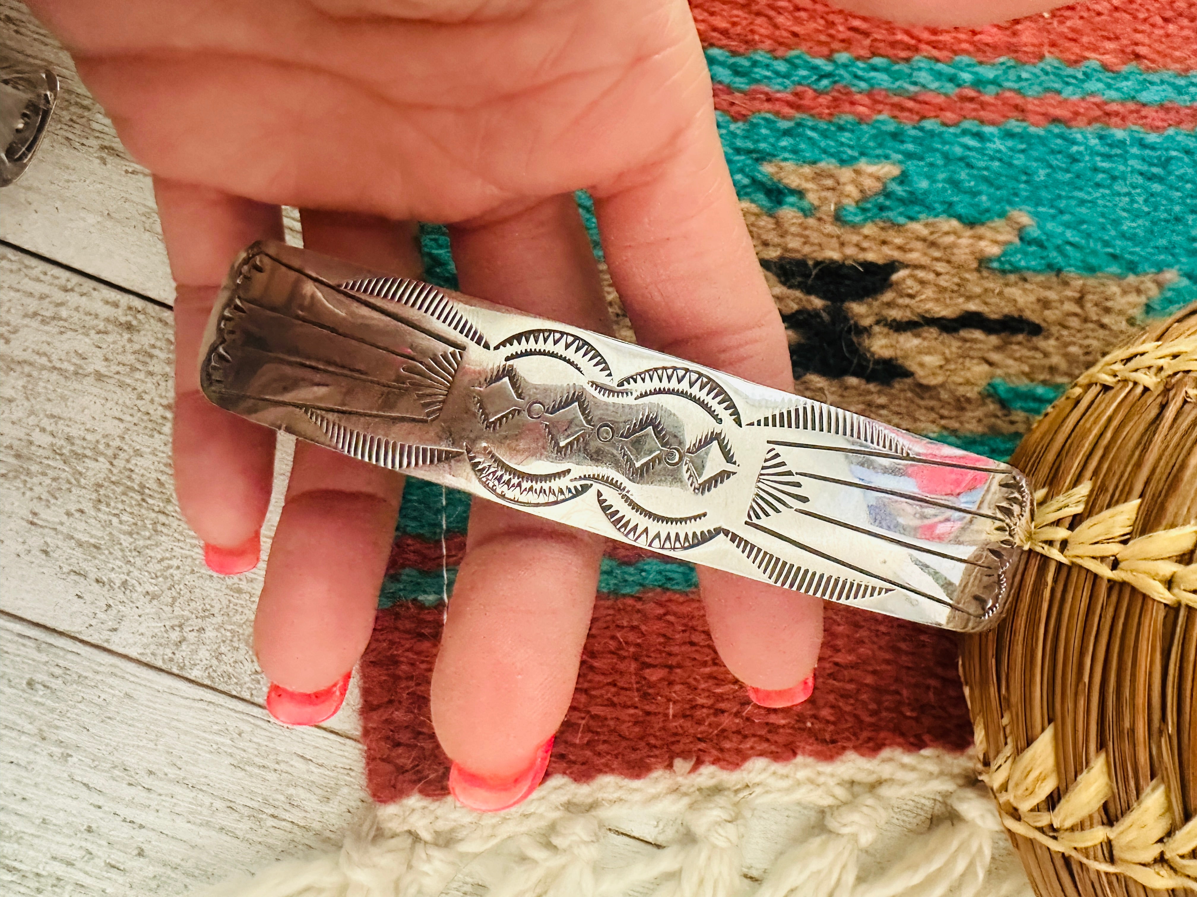 Navajo Hand Stamped Sterling Silver Hair Barrette