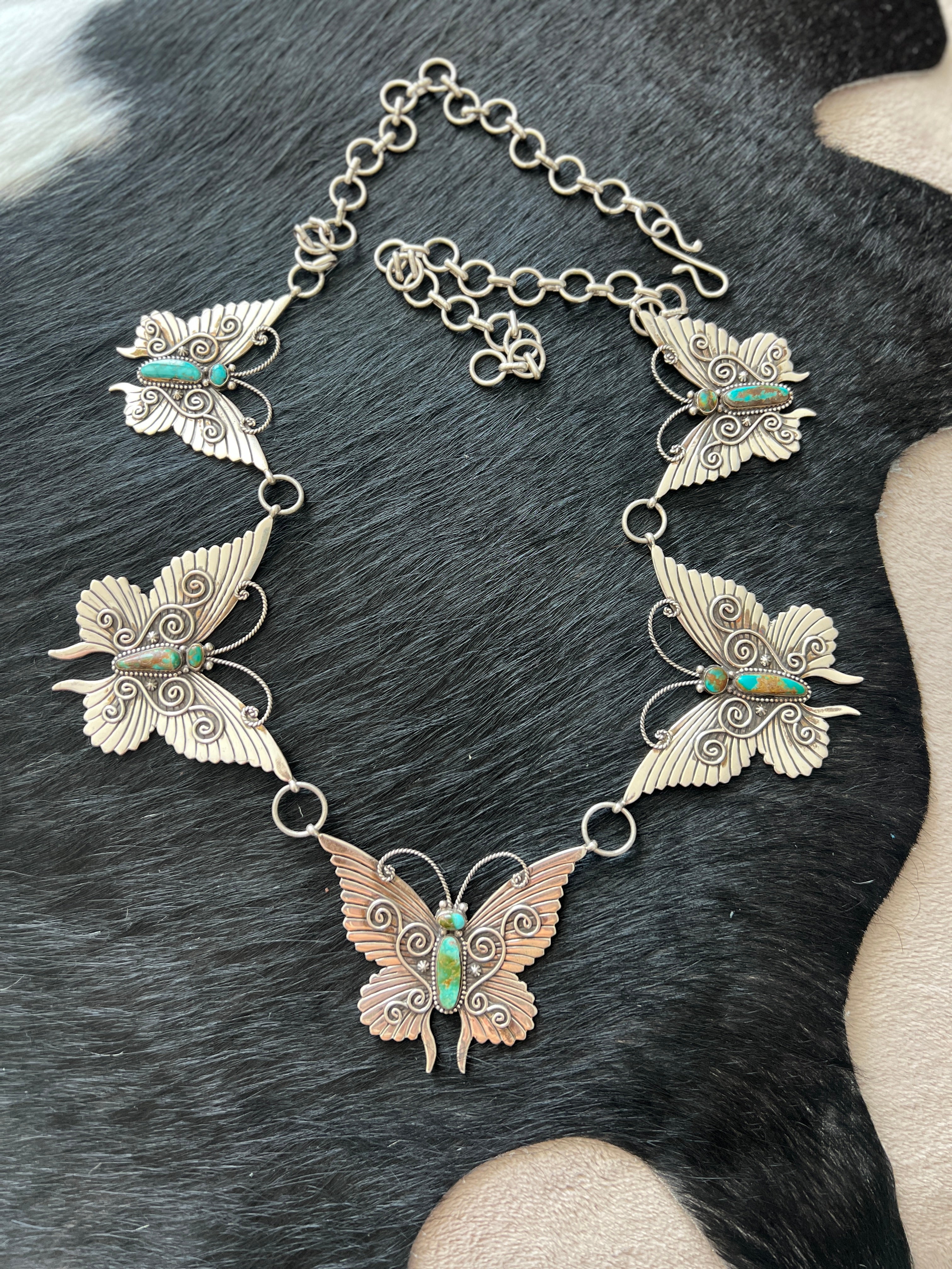 Lee Charley Handcrafted Sterling Silver and Turquoise Butterfly Lover’s Link Necklace, Belt or Hat Adornment