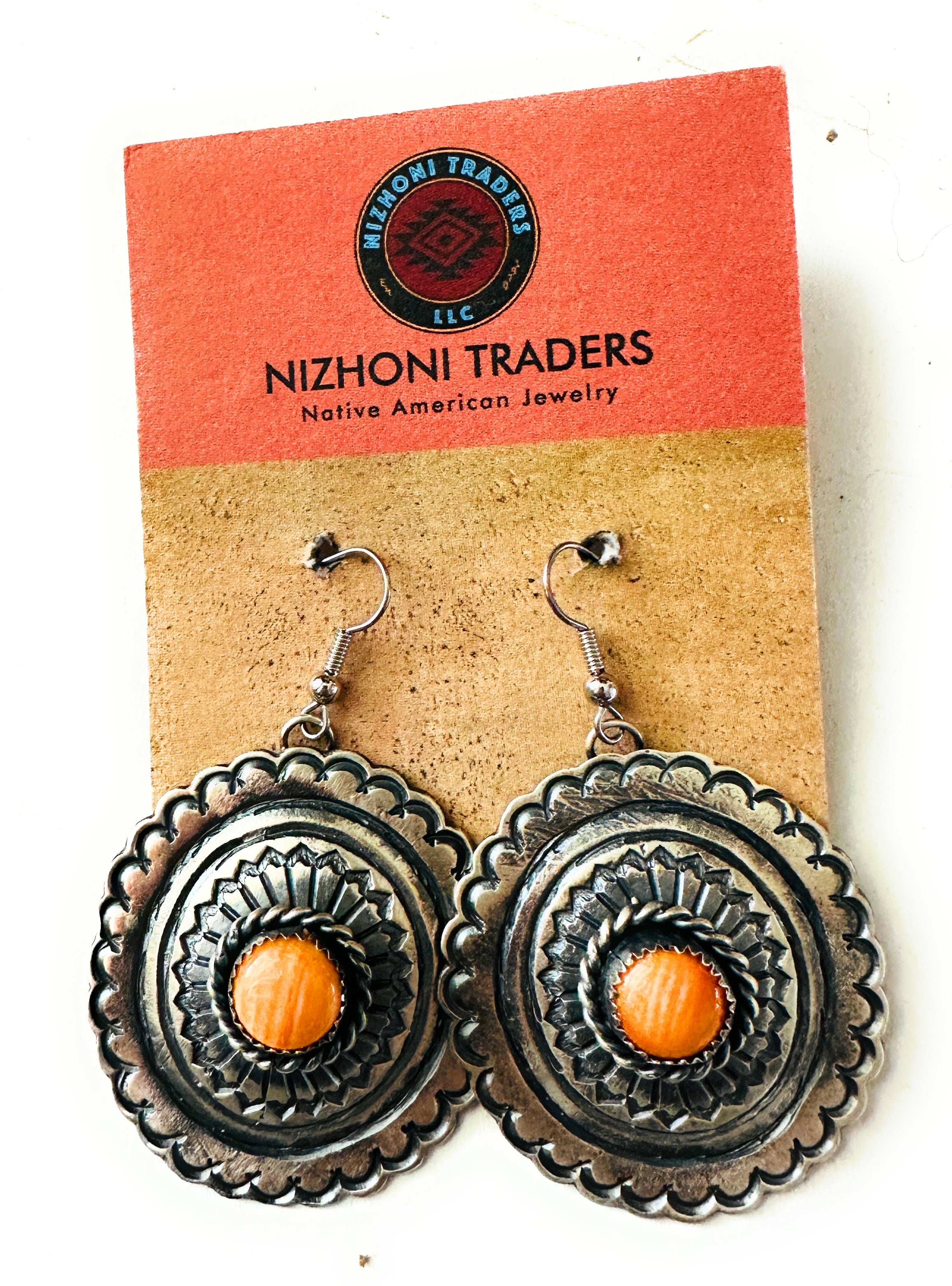 Navajo Orange Spiny and Sterling Silver Concho Dangle Earrings