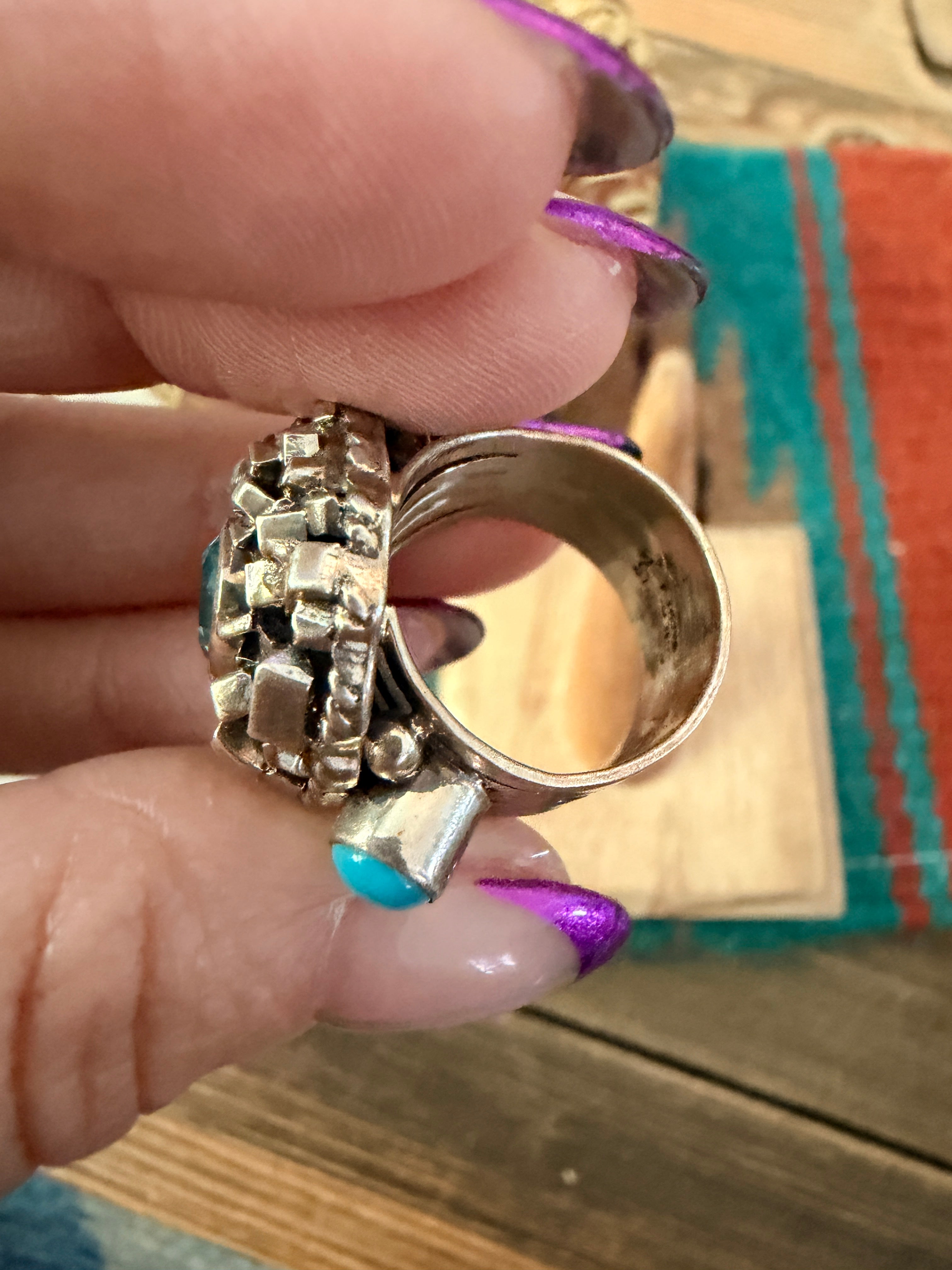 Old Pawn Handcrafted Topaz, Turquoise & Sterling Silver Ring Size 5.5