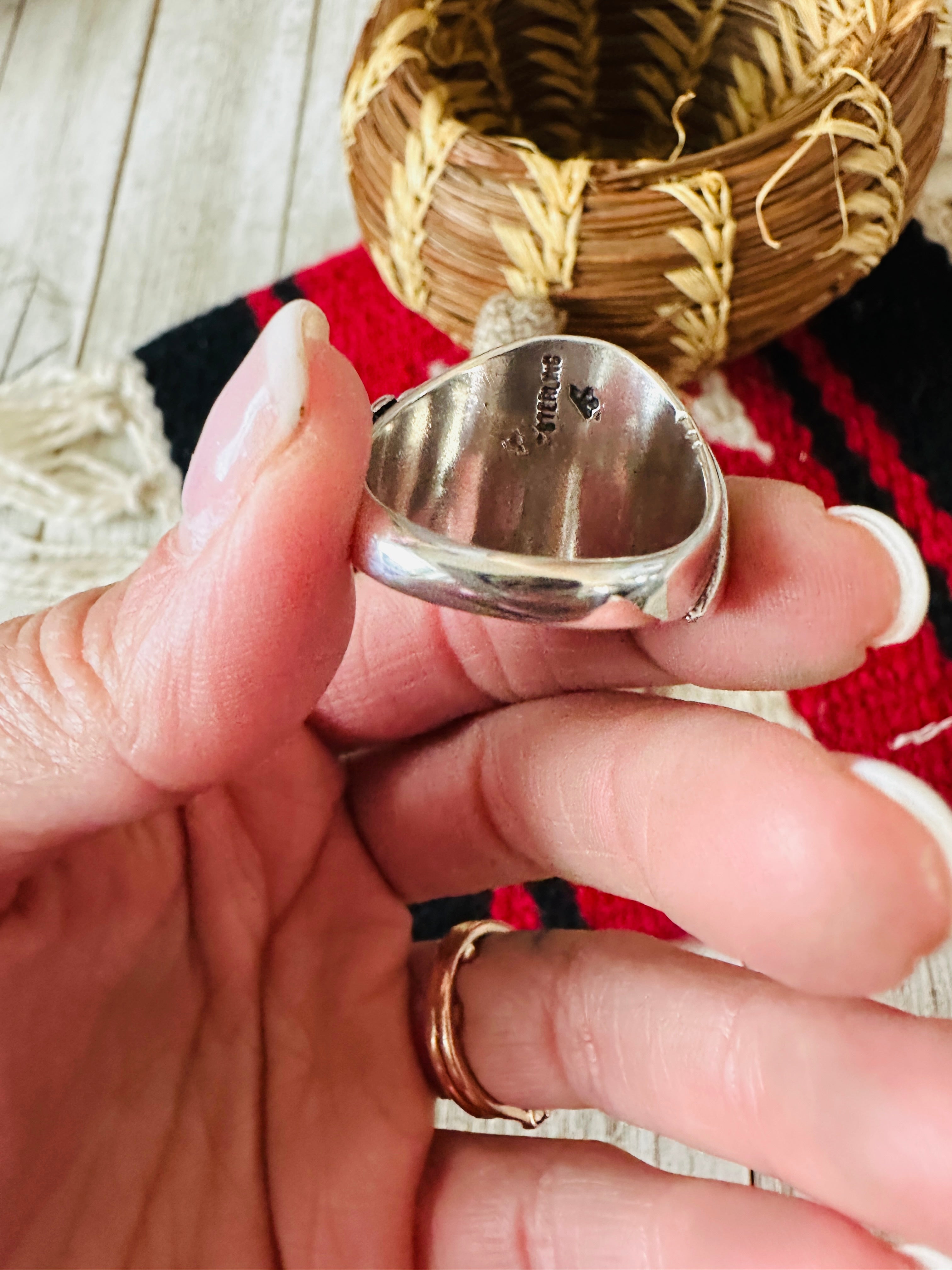 Handcrafted Turquoise & Sterling Silver Cigar Band Ring Size 10.5