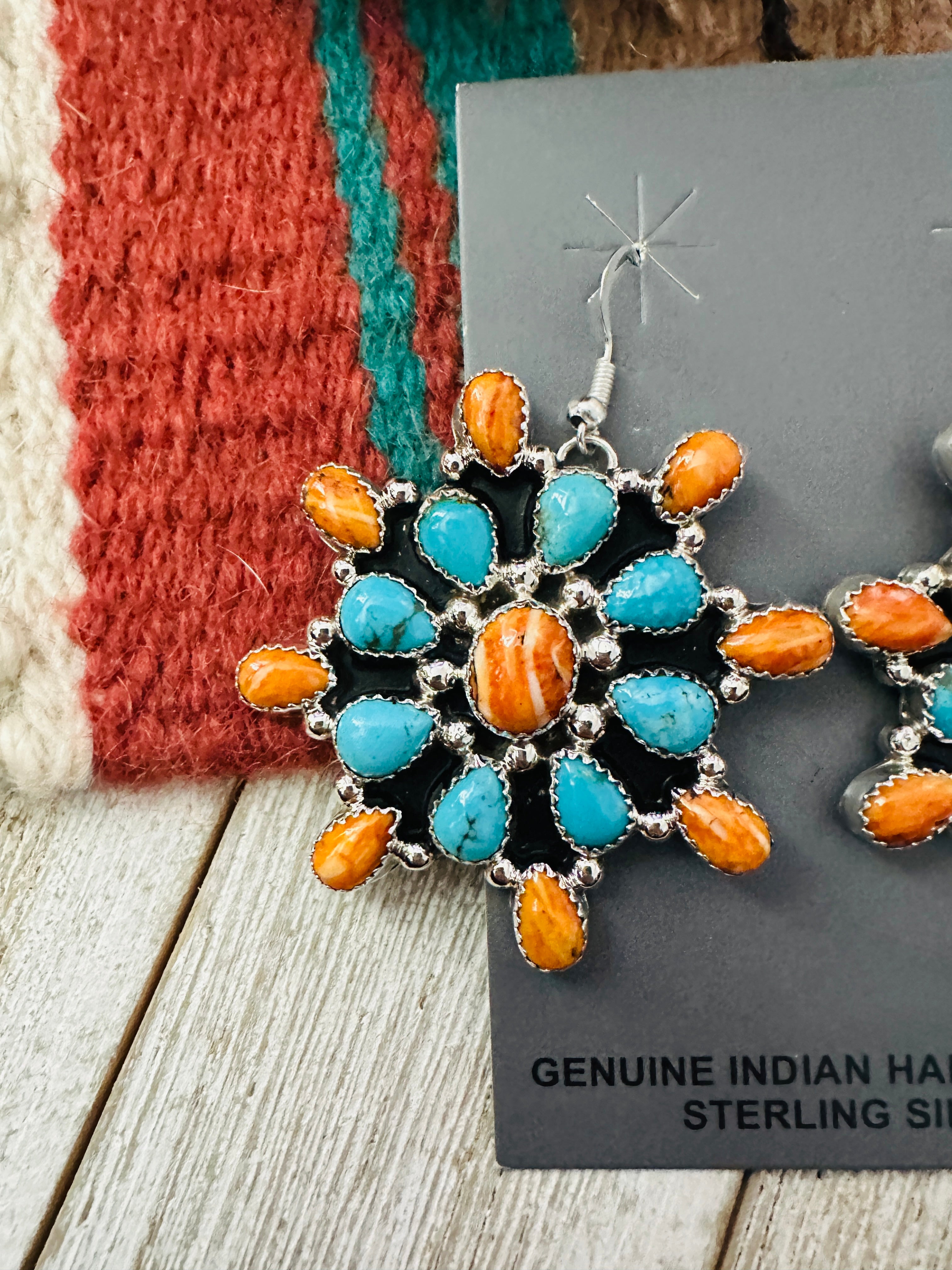Handcrafted Turquoise, Spiny & Sterling Silver Cluster Dangle Earrings
