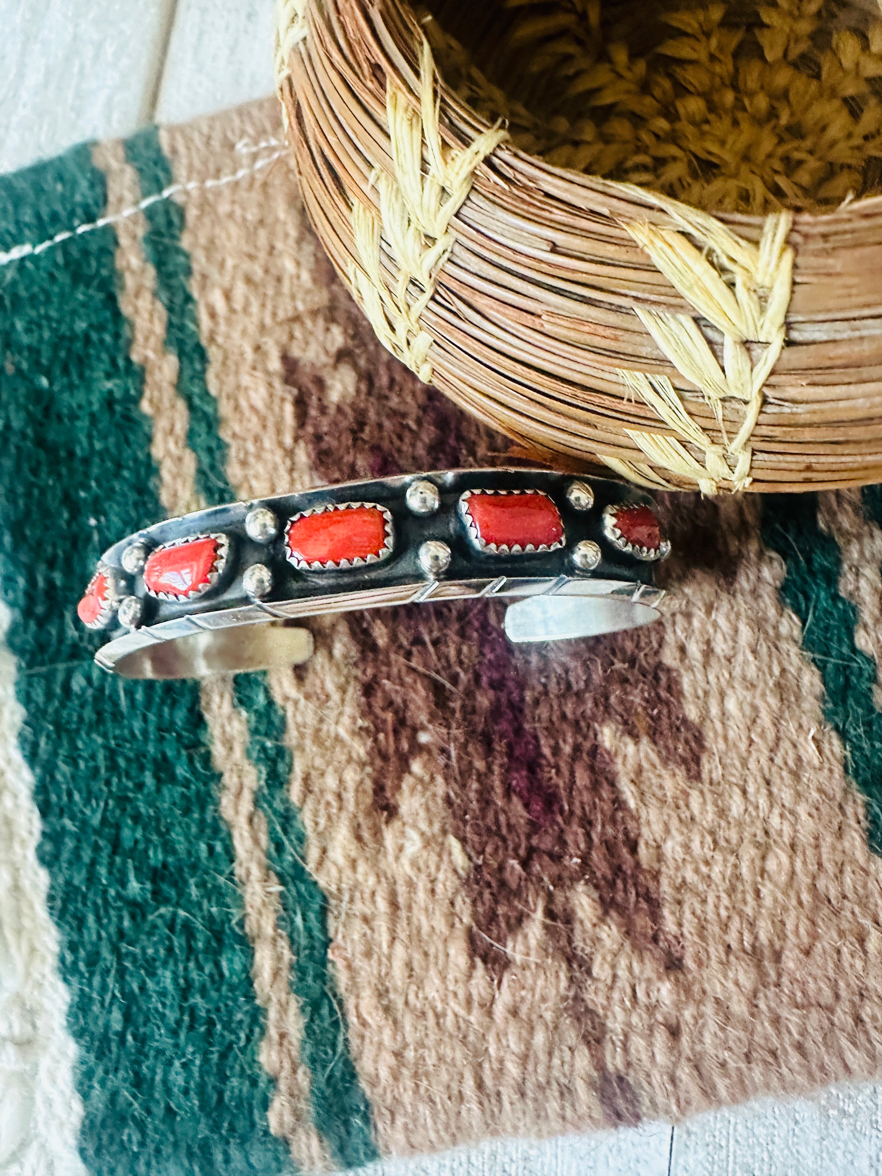 Navajo Coral & Sterling Silver Cuff Bracelet