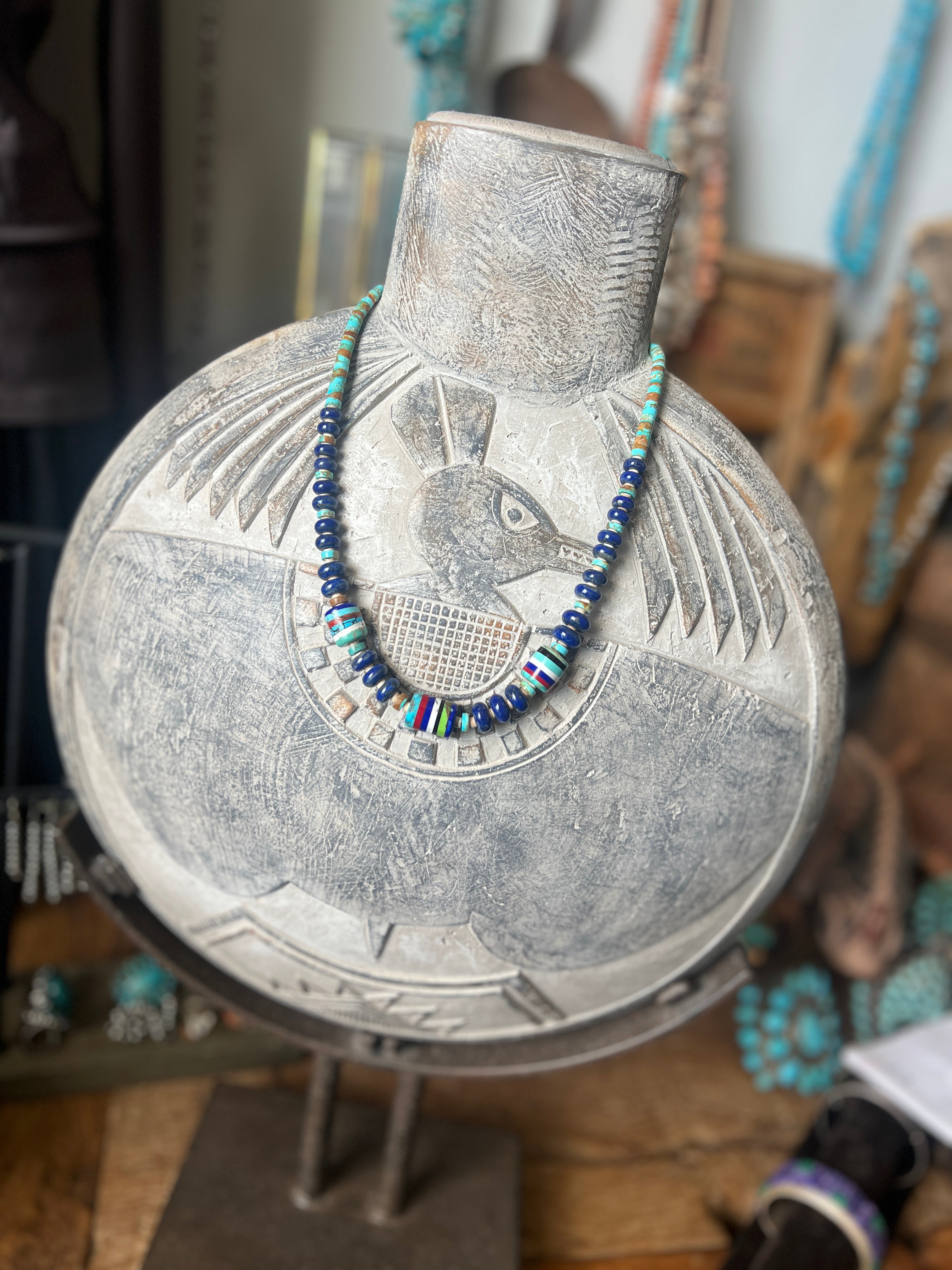 Ronald Chavez Handcrafted  Multistone Beaded Santo Domingo Necklace with Lapis Rondelles