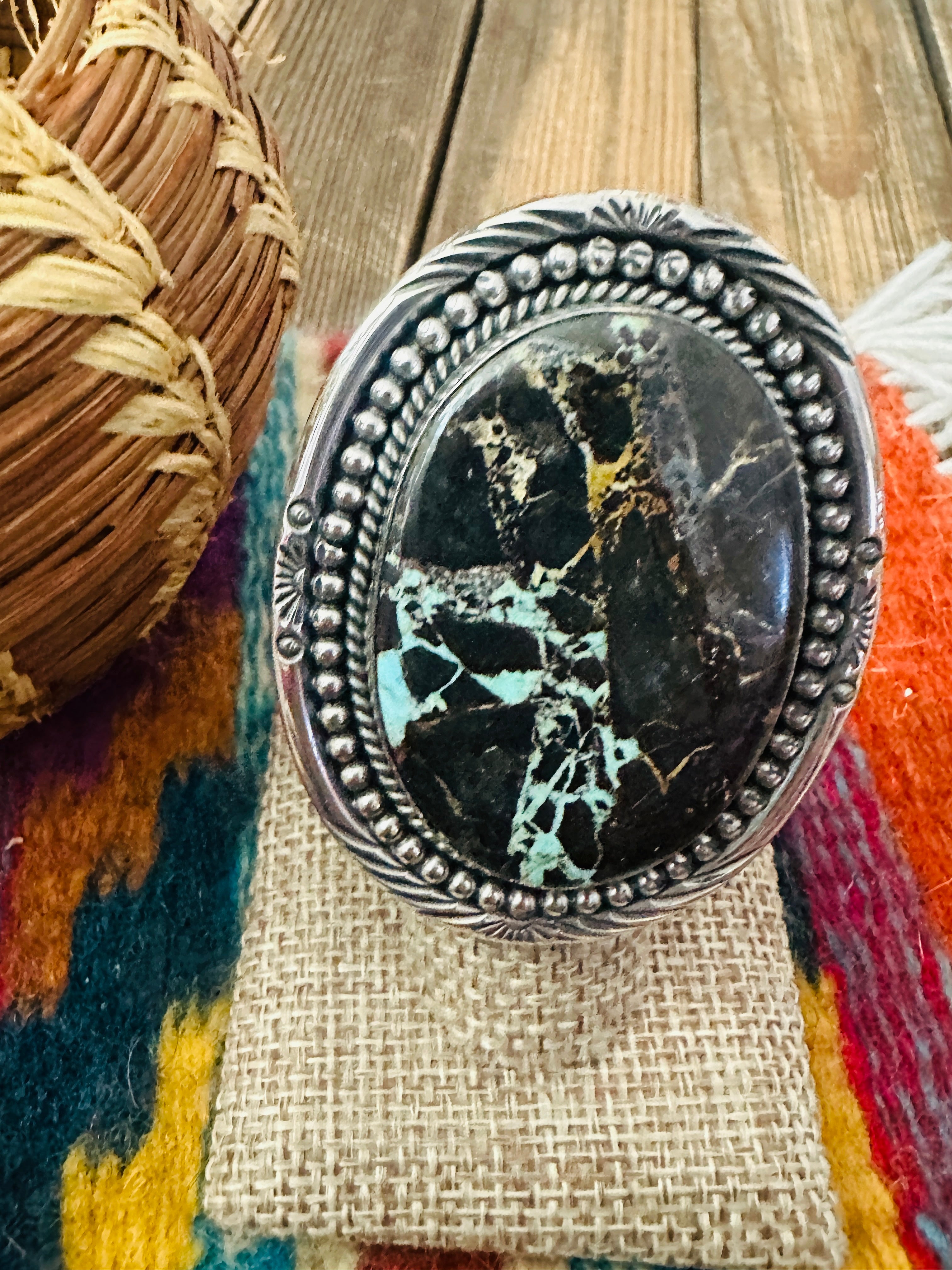 Handcrafted Blackjack Turquoise & Sterling Silver Adjustable Ring